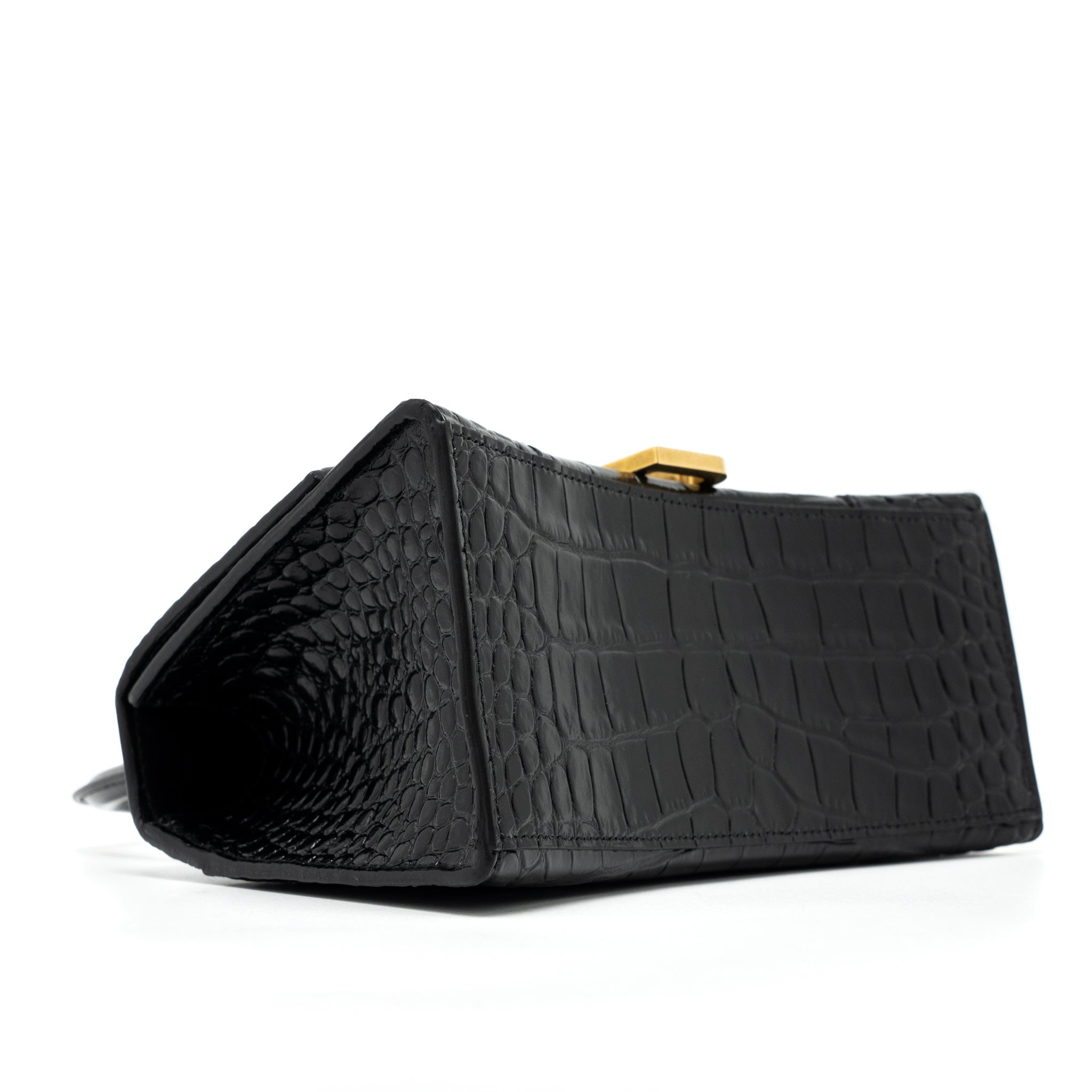 BALENCIAGA HOURGLASS SMALL HANDBAG CROC EMBOSSED CALFSKIN BLACK GHW