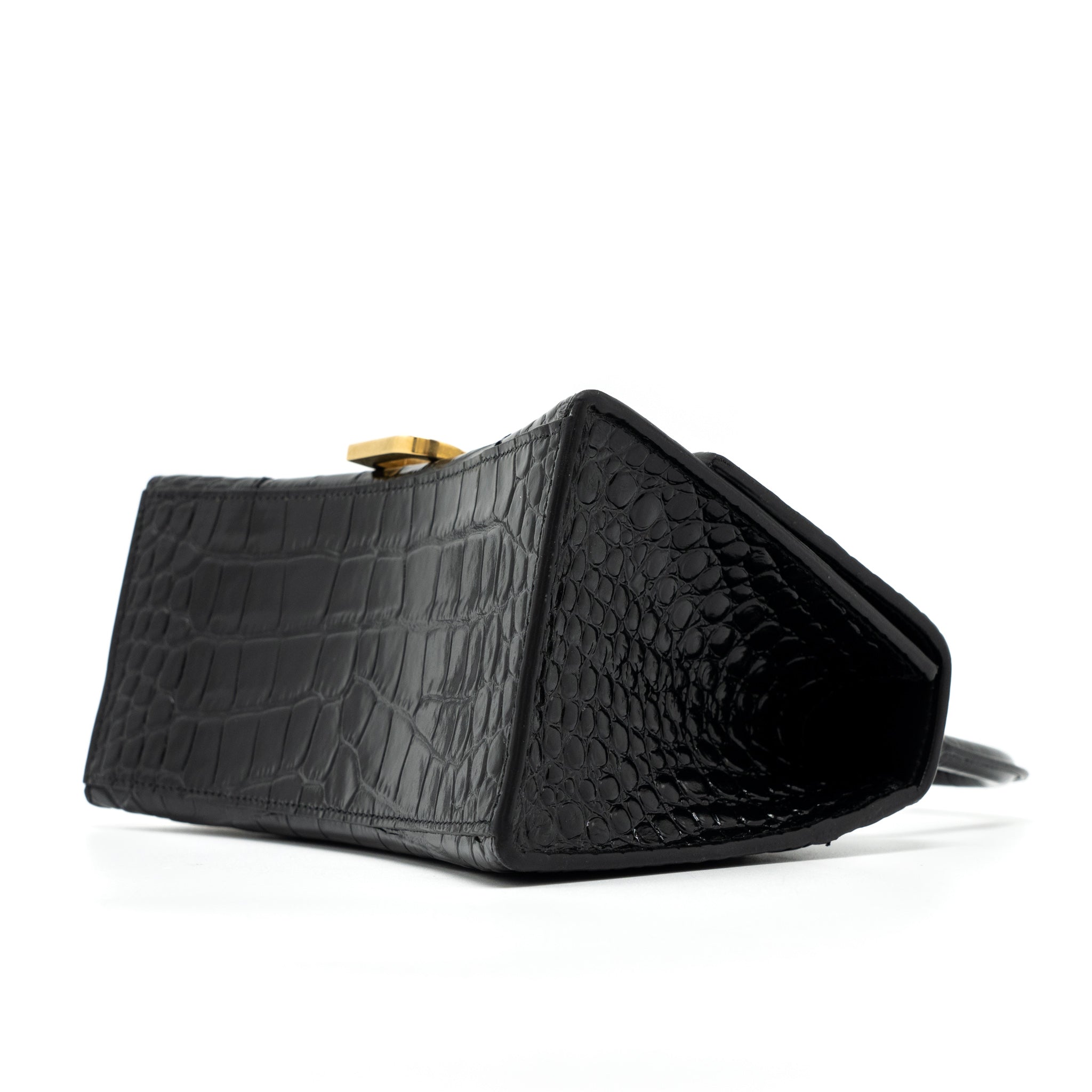 BALENCIAGA HOURGLASS SMALL HANDBAG CROC EMBOSSED CALFSKIN BLACK GHW
