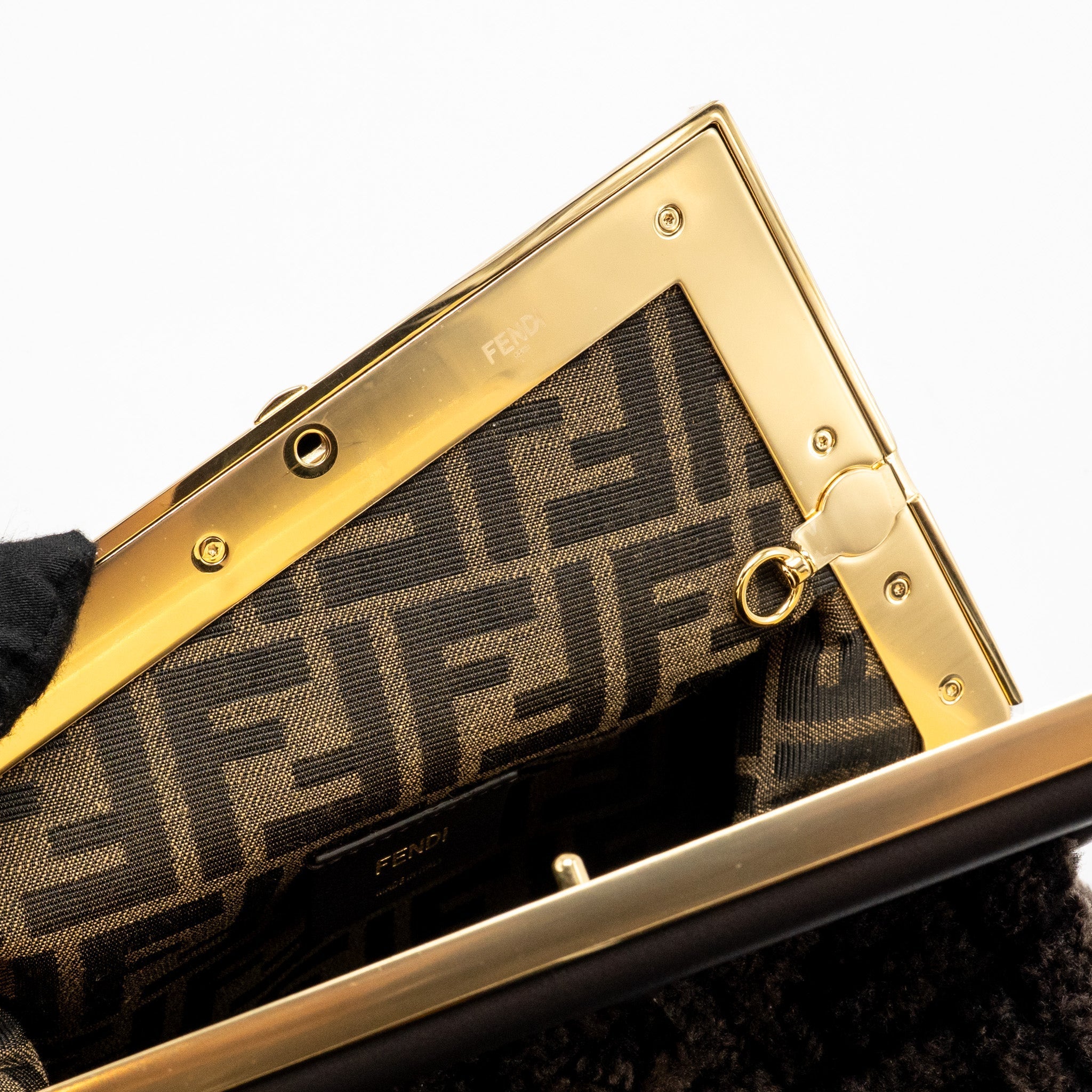 FENDI MEDIUM FENDI FIRST CLUTCH BAG SHEARLING BROWN GHW