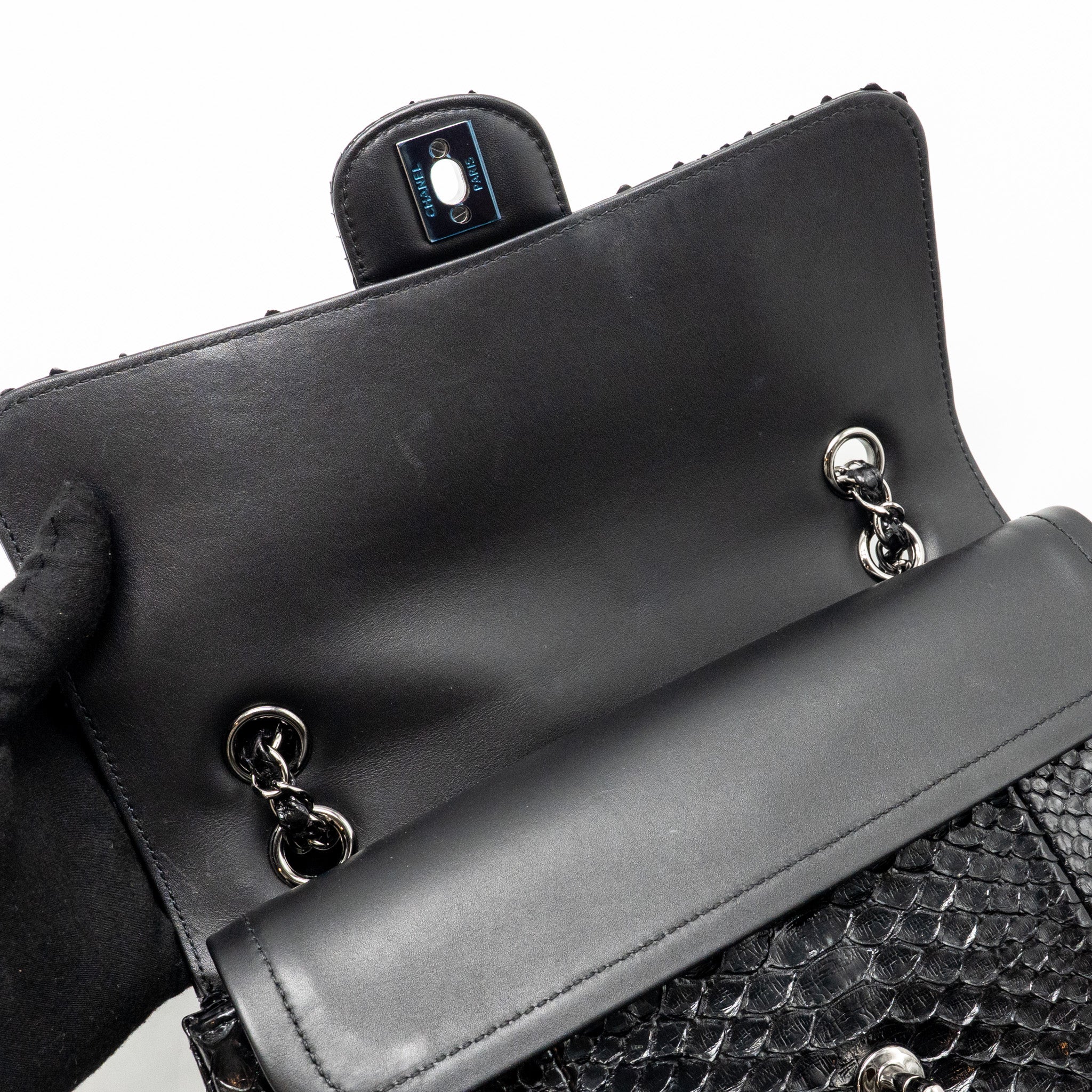 CHANEL MEDIUM CLASSIC DOUBLE FLAP BAG PYTHON BLACK SHW