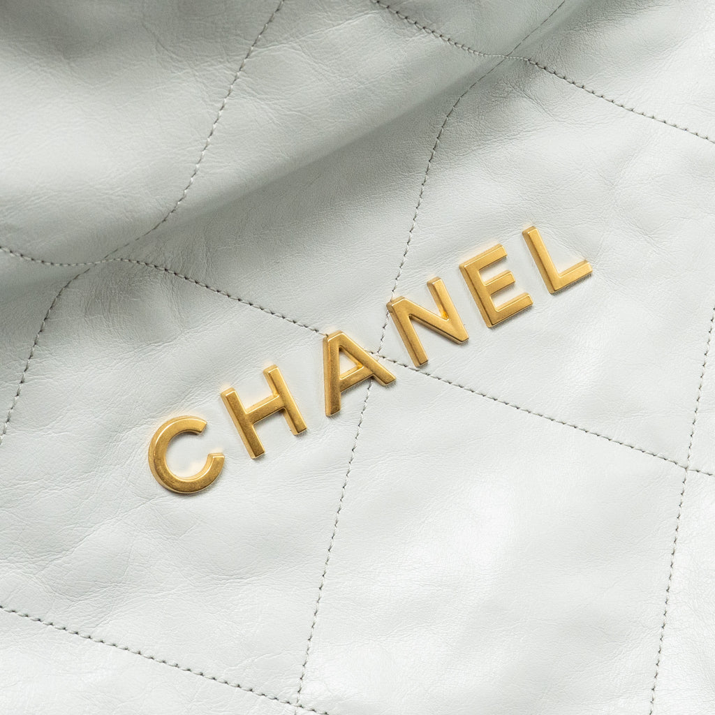 CHANEL SMALL 22 BAG SHINY CALFSKIN LIGHT BLUE GHW (MICROCHIP)