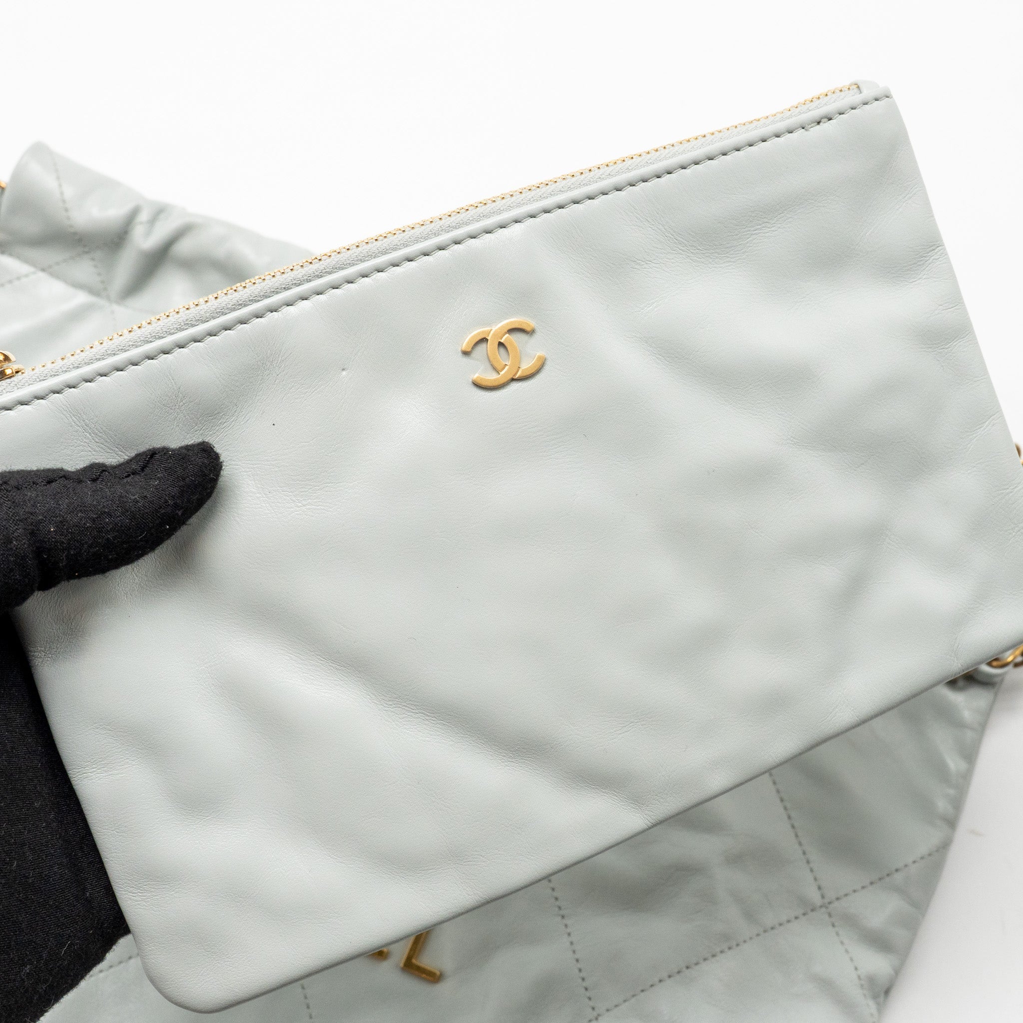 CHANEL SMALL 22 BAG SHINY CALFSKIN LIGHT BLUE GHW (MICROCHIP)