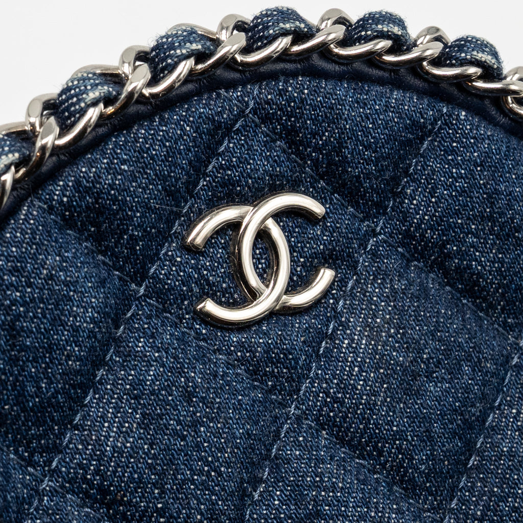 CHANEL CC QUILTED ROUND CLUTCH WITH CHAIN DENIM DARK BLUE SHW