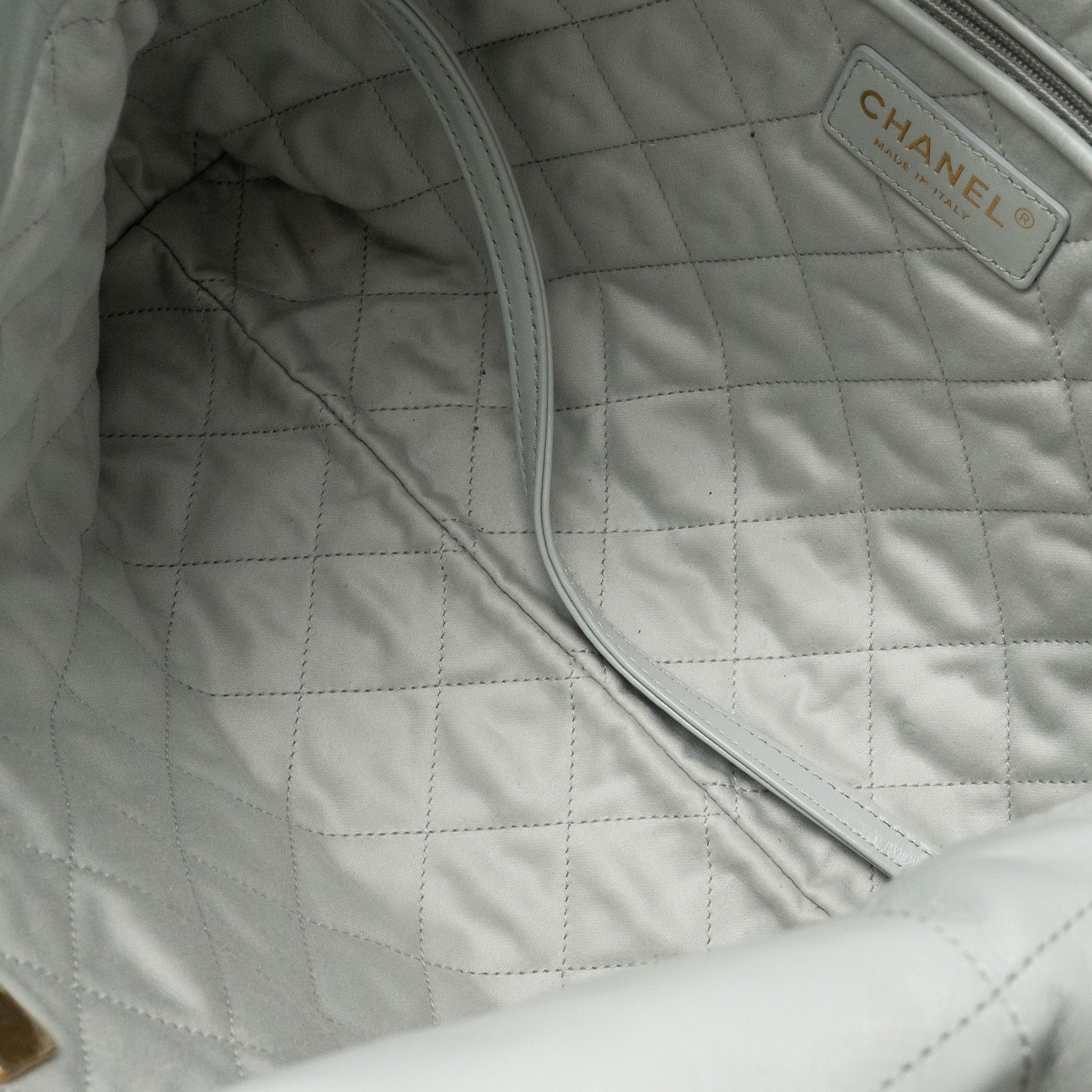CHANEL SMALL 22 BAG SHINY CALFSKIN LIGHT BLUE GHW (MICROCHIP)
