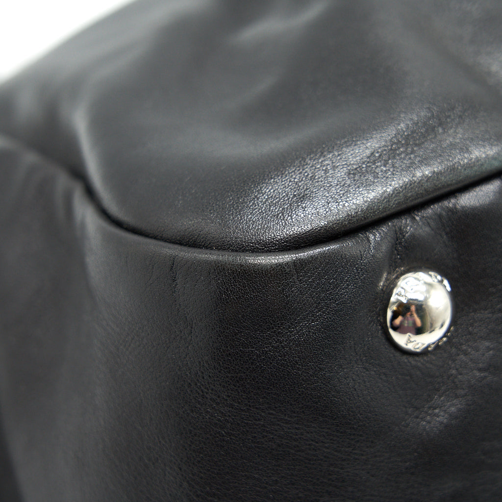 PRADA PRUGNA SOFT CALFSKIN LEATHER SHOPPING TOTE BAG BLACK