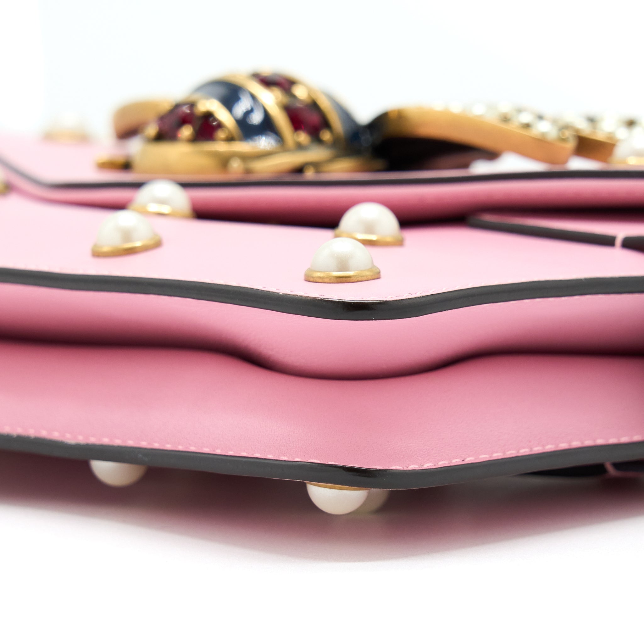 GUCCI PEARL STUDDED MINI BROADWAY BEE SHOULDER BAG PINK GHW