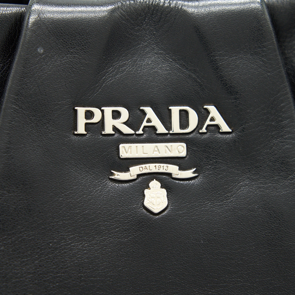 PRADA PRUGNA SOFT CALFSKIN LEATHER SHOPPING TOTE BAG BLACK
