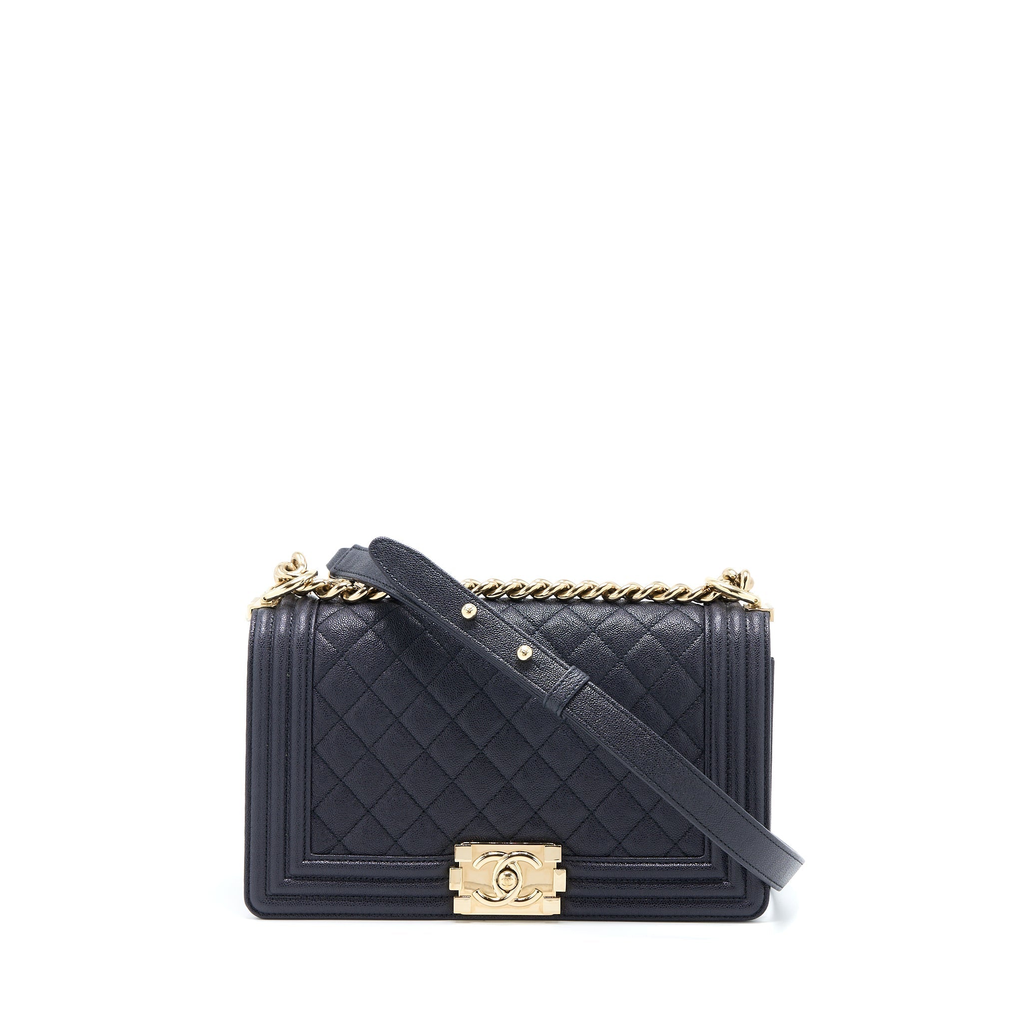CHANEL MEDIUM BOY BAG GRAINED CALFSKIN DARK BLUE LGHW