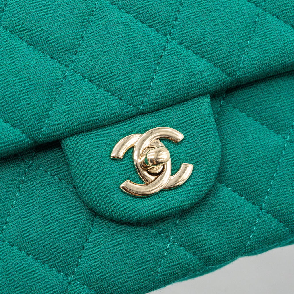CHANEL 23A CLASSIC FLAP CLUTCH FABRIC GREEN LGHW(MICROCHIP)