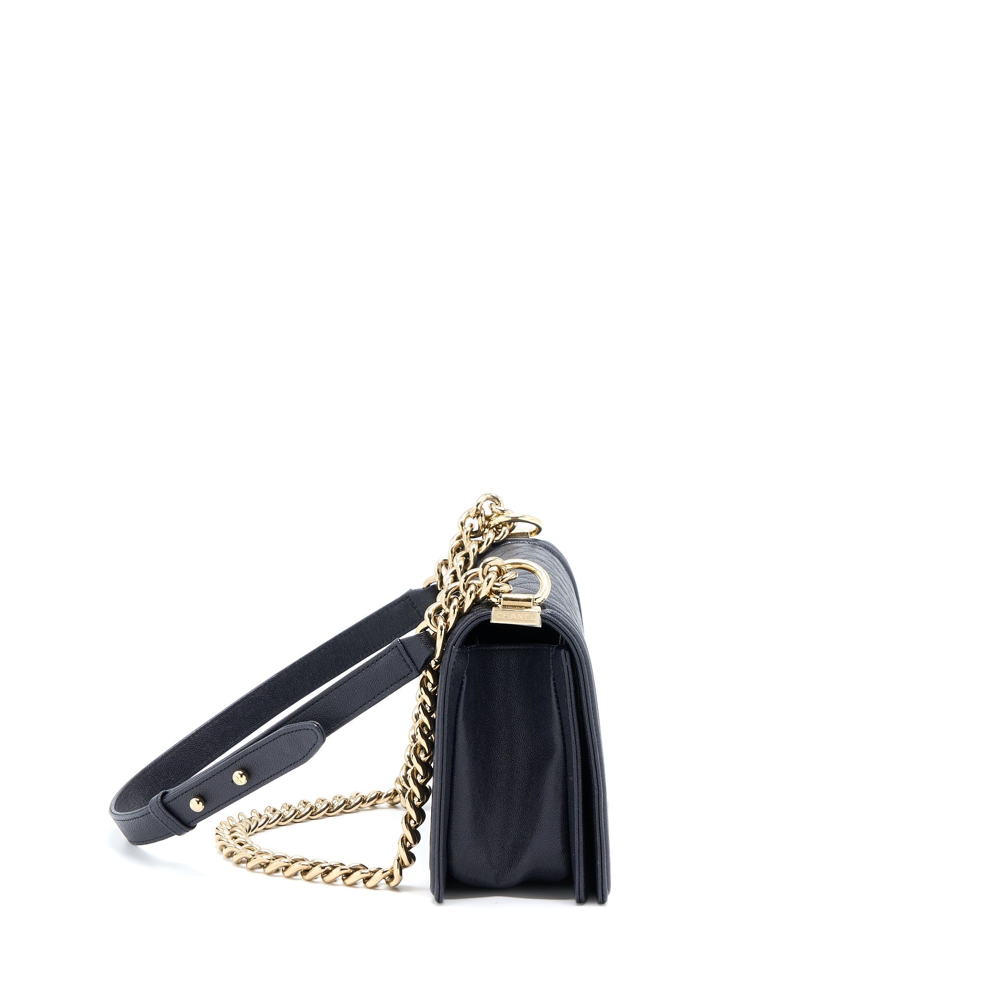 CHANEL MEDIUM BOY BAG GRAINED CALFSKIN DARK BLUE LGHW