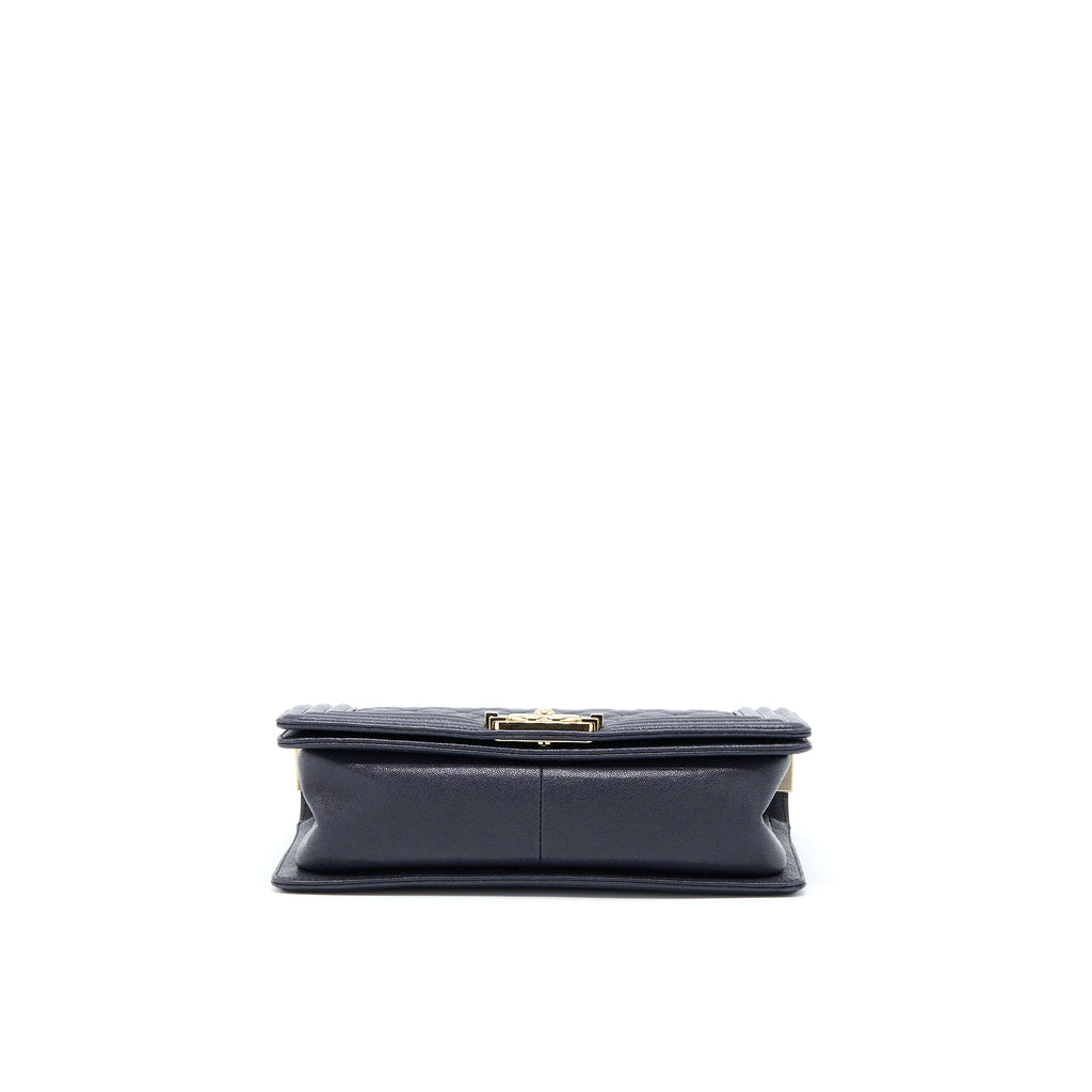 CHANEL MEDIUM BOY BAG GRAINED CALFSKIN DARK BLUE LGHW