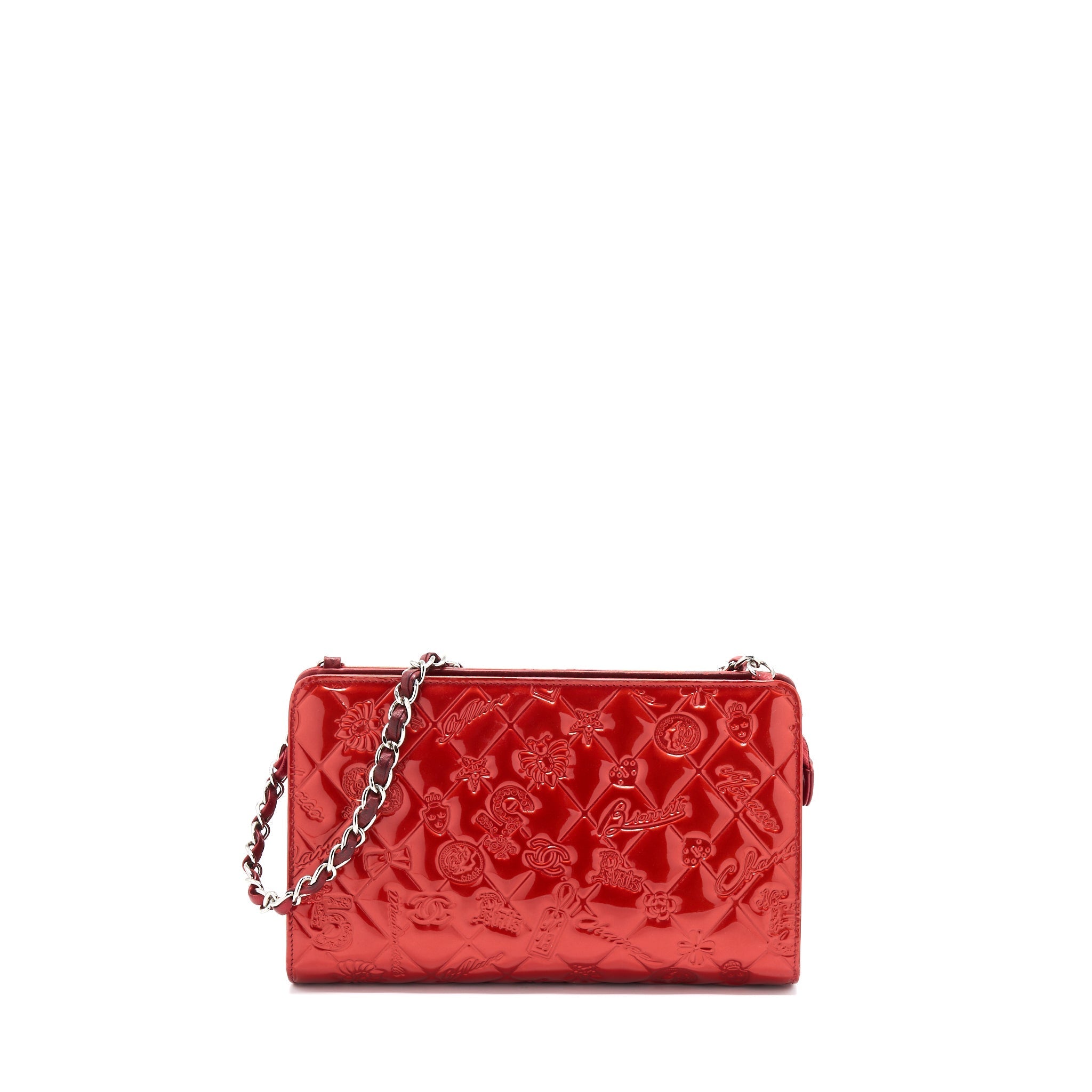 CHANEL VINTAGE LEATHER CHARM PRINTED CHAIN SHOULDER BAG RED SHW