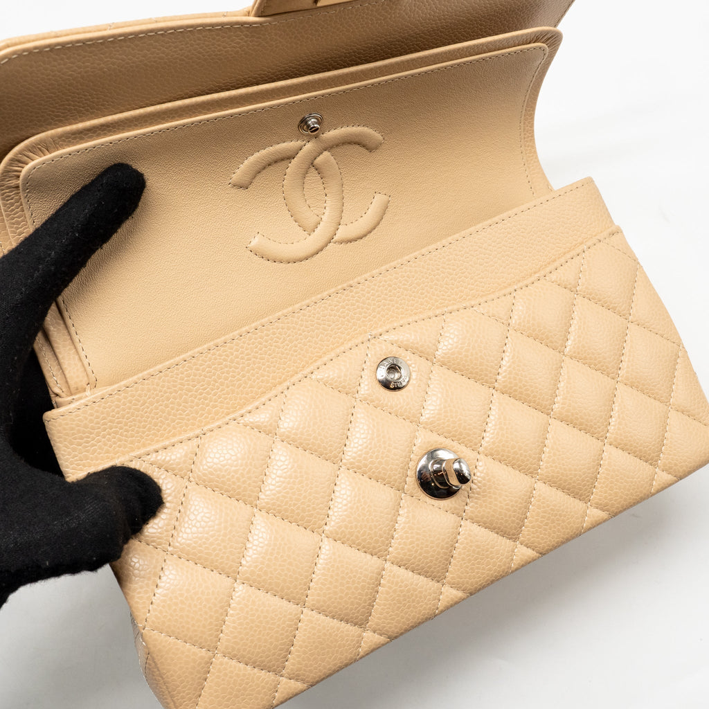 CHANEL SMALL CLASSIC DOUBLE FLAP BAG CAVIAR BEIGE SHW (MICROCHIP)