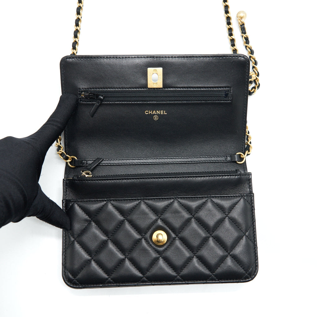 CHANEL PEARL CRUSH WALLET ON CHAIN LAMBSKIN BLACK GHW (MICROCHIP)