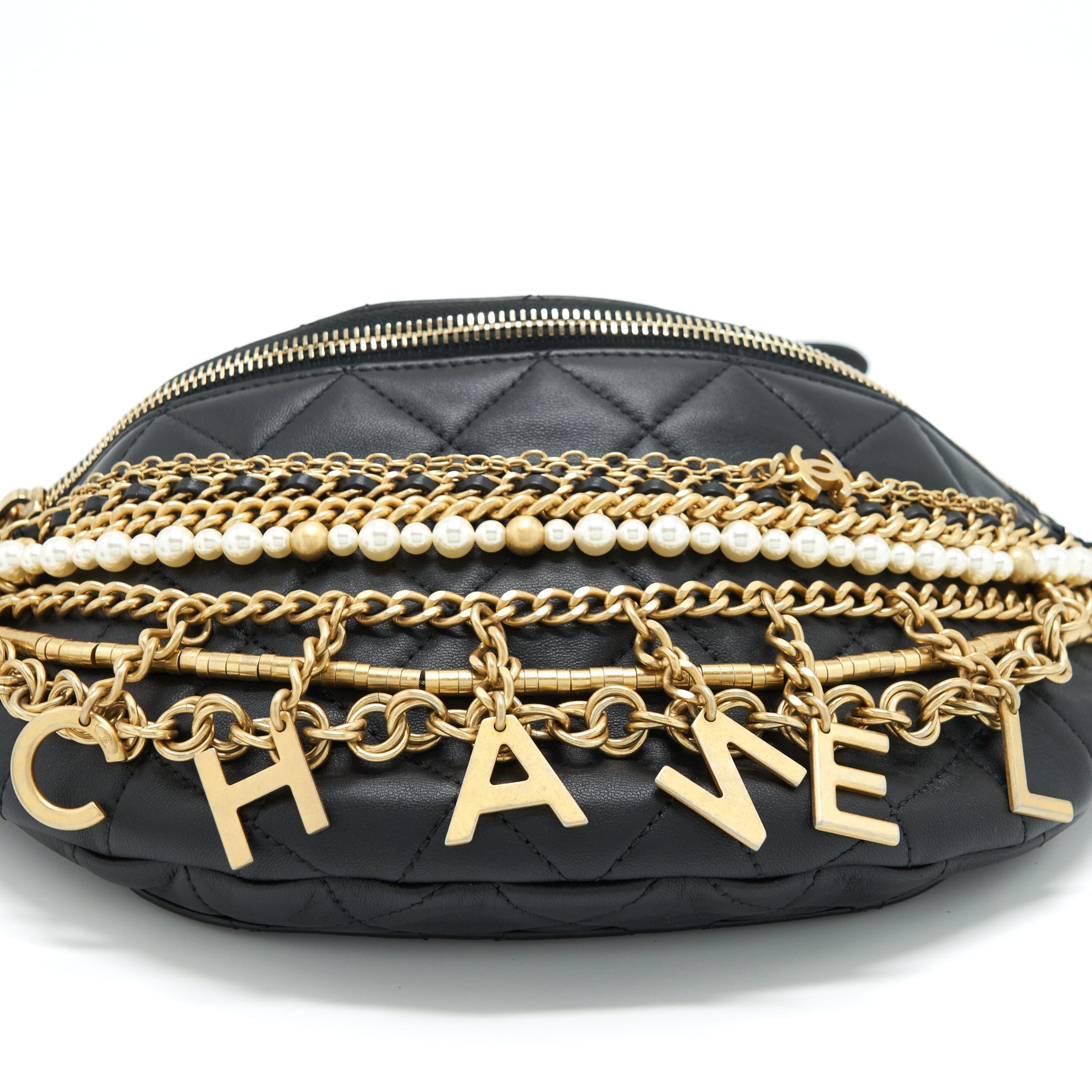 CHANEL ALL ABOUT CHAINS WAIST BAG CALFSKIN BLACK GHW