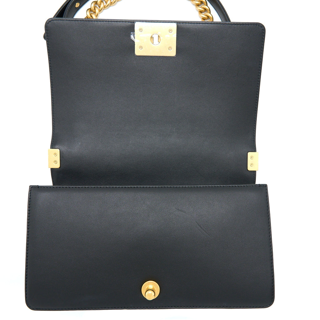 CHANEL MEDIUM BOY BAG LAMBSKIN BLACK BRUSHED GHW (MICROCHIP)