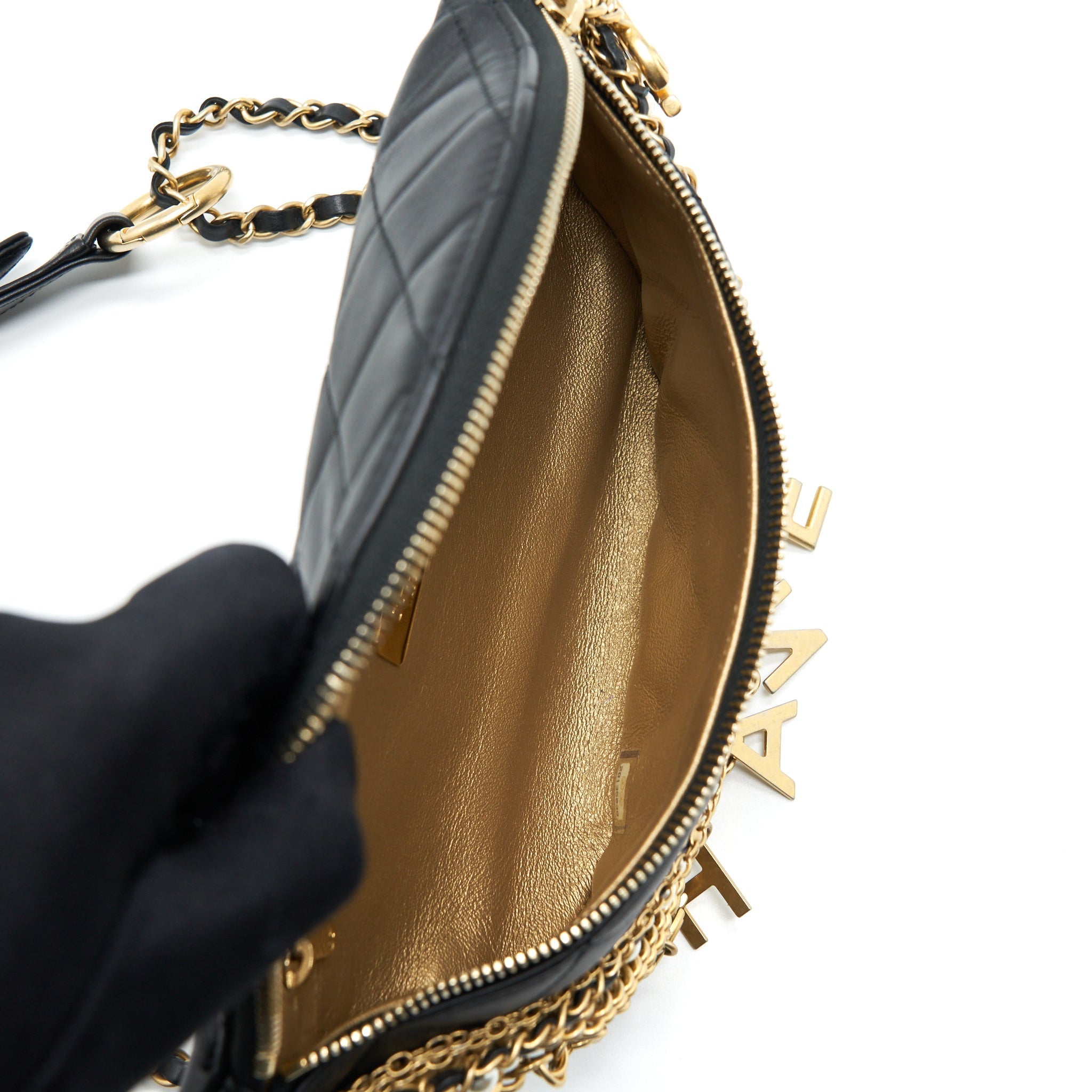 CHANEL ALL ABOUT CHAINS WAIST BAG CALFSKIN BLACK GHW