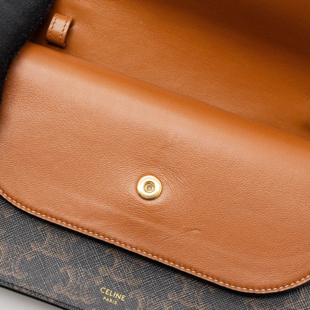 CELINE WALLET ON STRAP TRIOMPHE CANVAS/SMOOTH LAMBSKIN TAN GHW