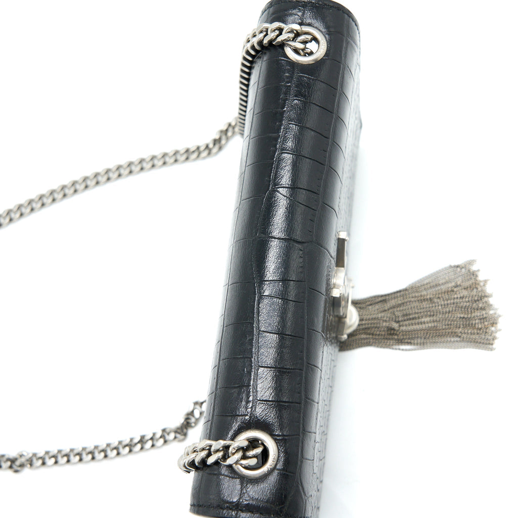 SAINT LAURENT KATE TASSEL CROC EMBOSSED CALFSKIN BLACK SHW