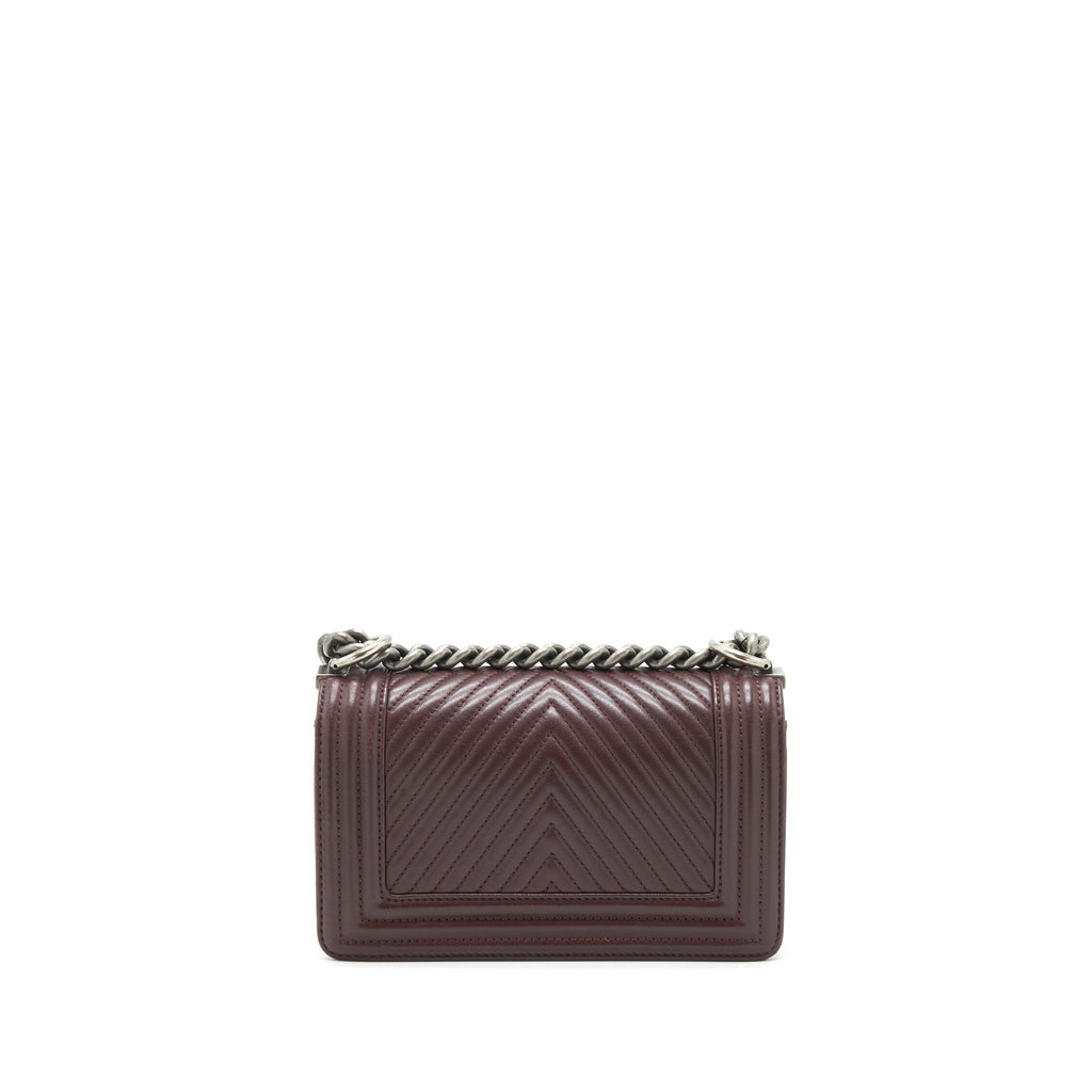 CHANEL CHEVRON SMALL BOY BAG LAMBSKIN BURGUNDY RUTHENIUM HARDWARE