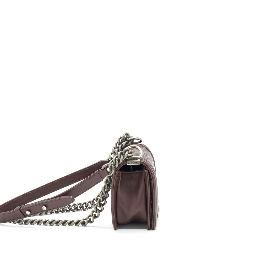 CHANEL CHEVRON SMALL BOY BAG LAMBSKIN BURGUNDY RUTHENIUM HARDWARE