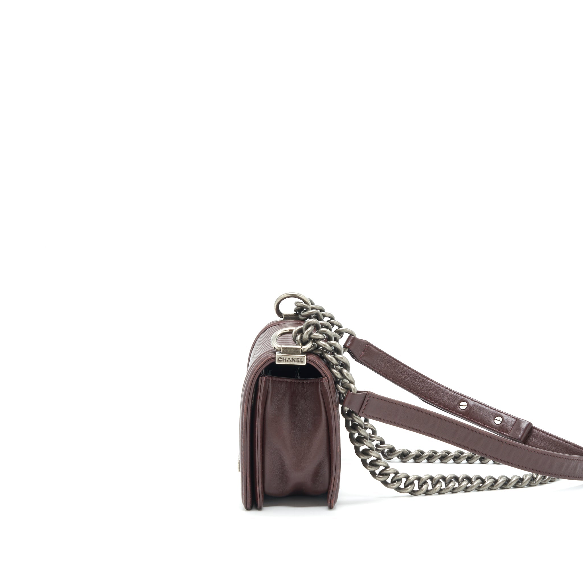 CHANEL CHEVRON SMALL BOY BAG LAMBSKIN BURGUNDY RUTHENIUM HARDWARE