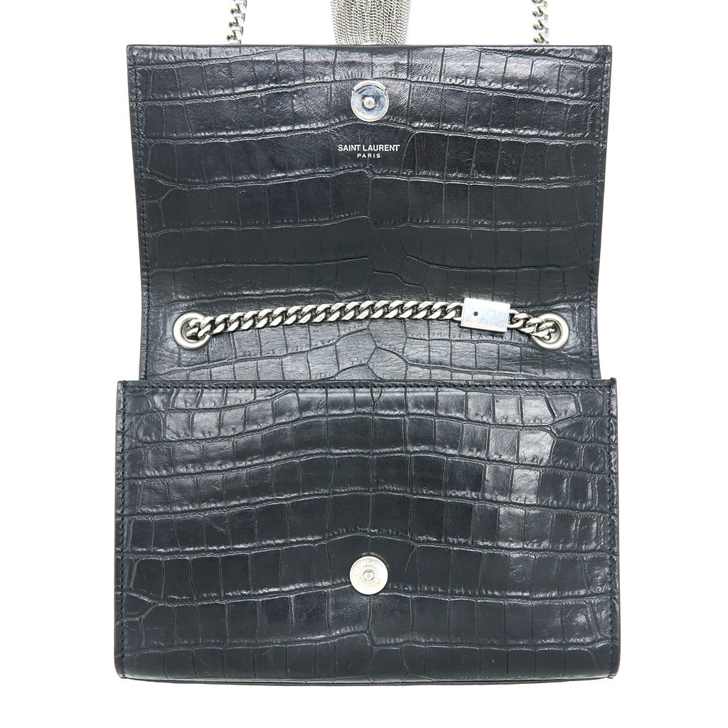 SAINT LAURENT KATE TASSEL CROC EMBOSSED CALFSKIN BLACK SHW