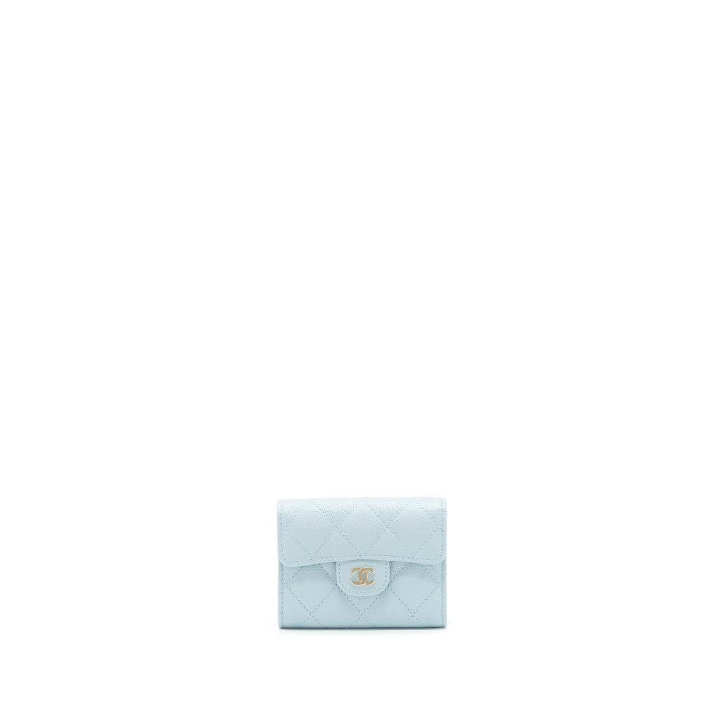 CHANEL 22P FLAP DOUBLE CARD HOLDER CAVIAR LIGHT BLUE LGHW