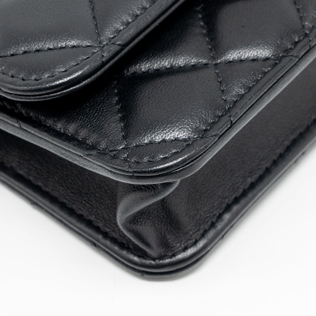 CHANEL PEARL CRUSH MINI WALLET ON CHAIN LAMBSKIN BLACK GHW (MICROCHIP)