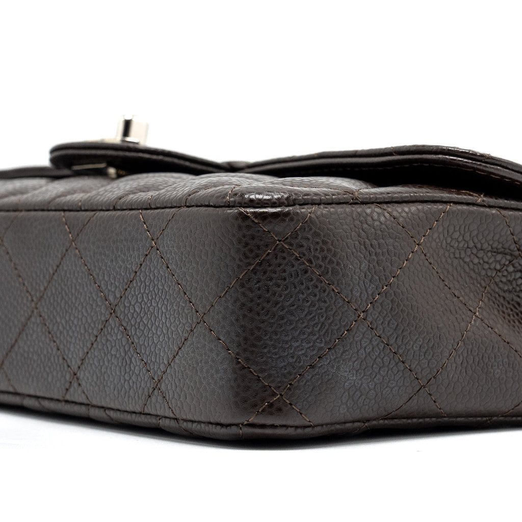 CHANEL EAST WEST CLASSIC QUILTED FLAP BAG CAVIAR CHOCOLATE SHW