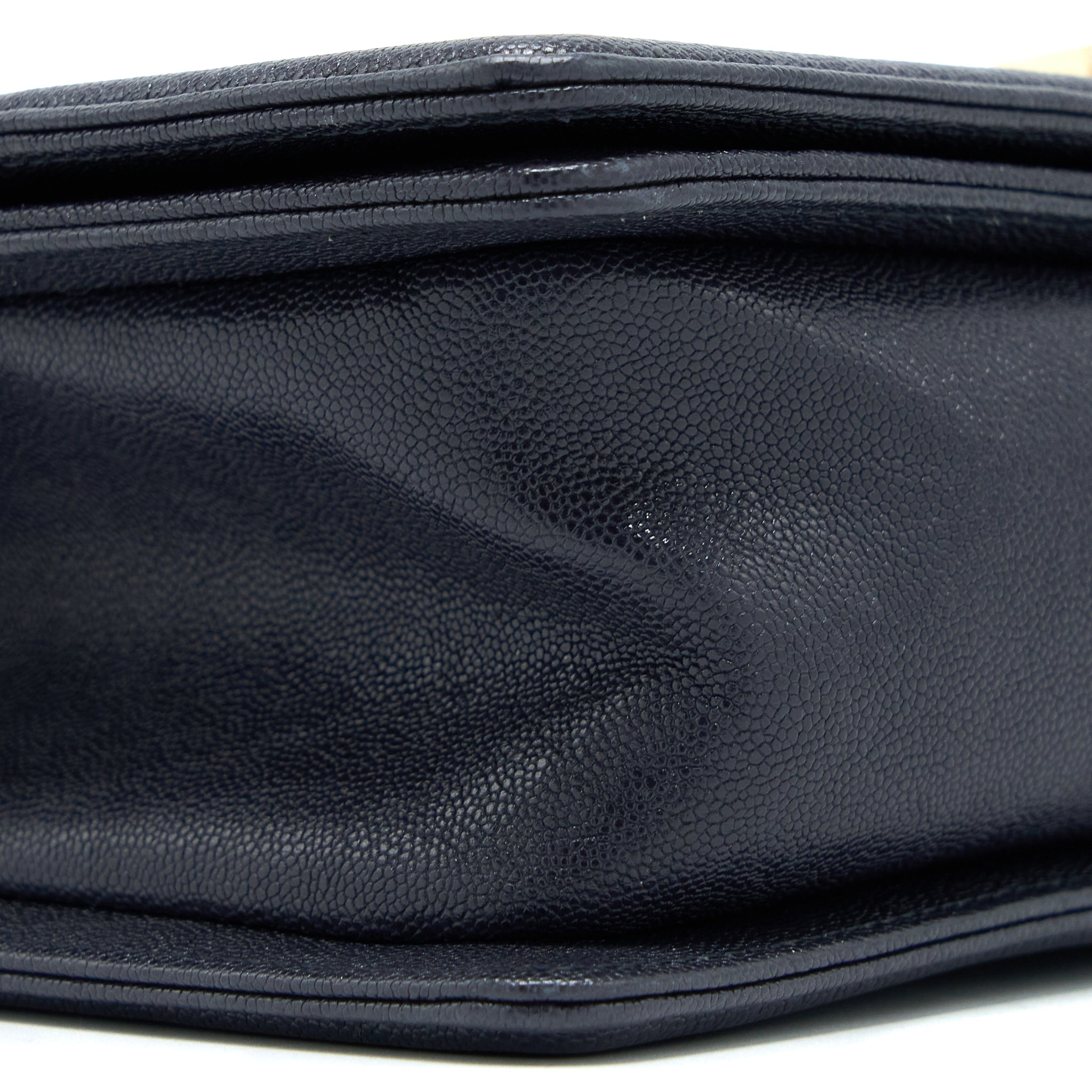 CHANEL MEDIUM BOY BAG GRAINED CALFSKIN DARK BLUE LGHW