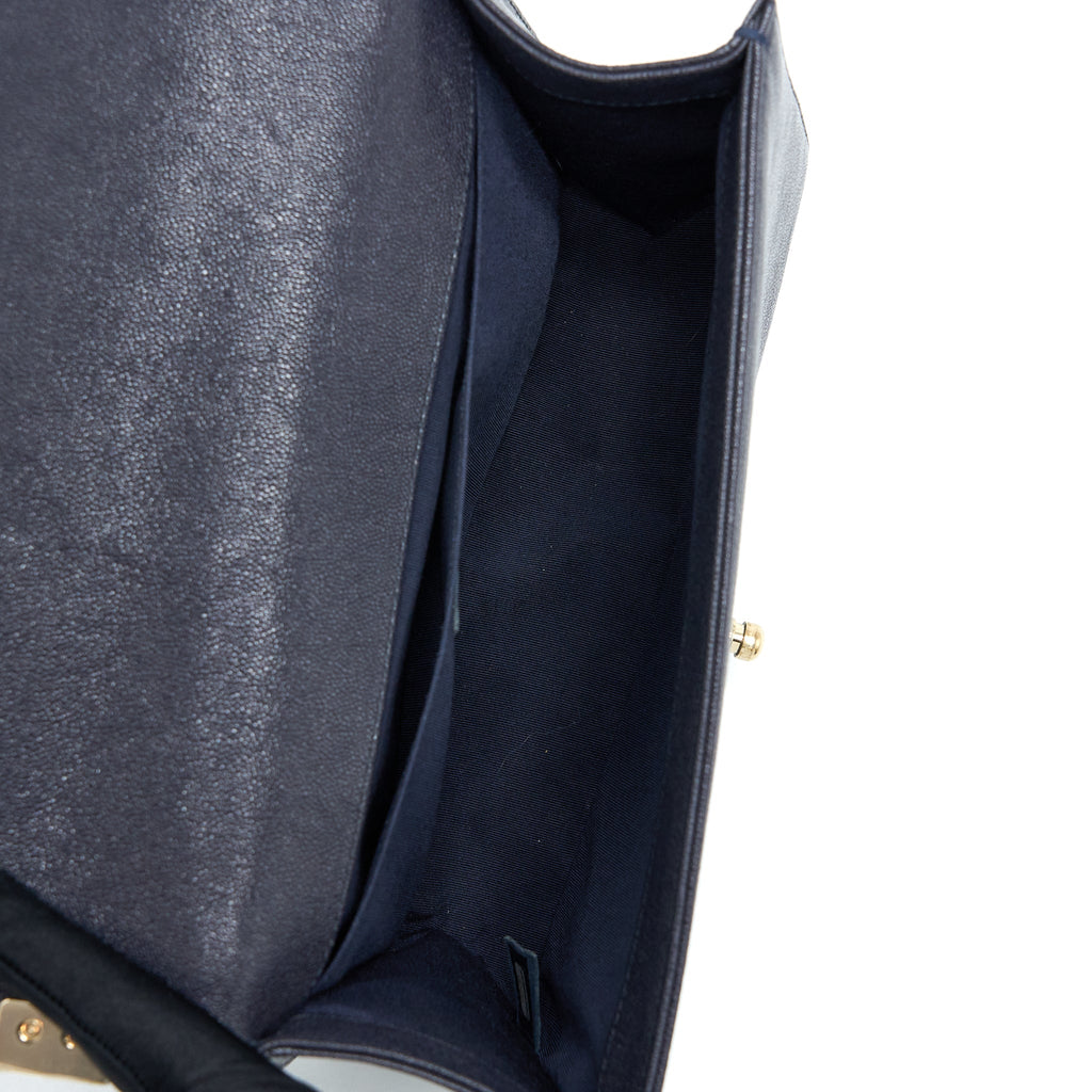 CHANEL MEDIUM BOY BAG GRAINED CALFSKIN DARK BLUE LGHW