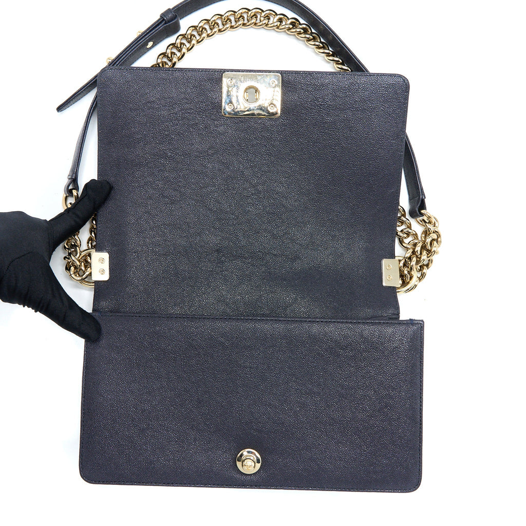 CHANEL MEDIUM BOY BAG GRAINED CALFSKIN DARK BLUE LGHW