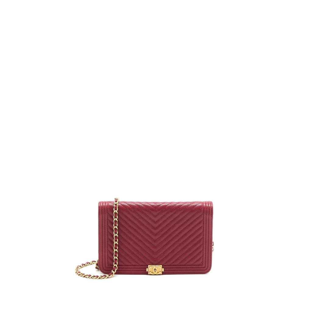 CHANEL BOY WALLET ON CHAIN CHEVRON CAVIAR RED BRUSHED GHW