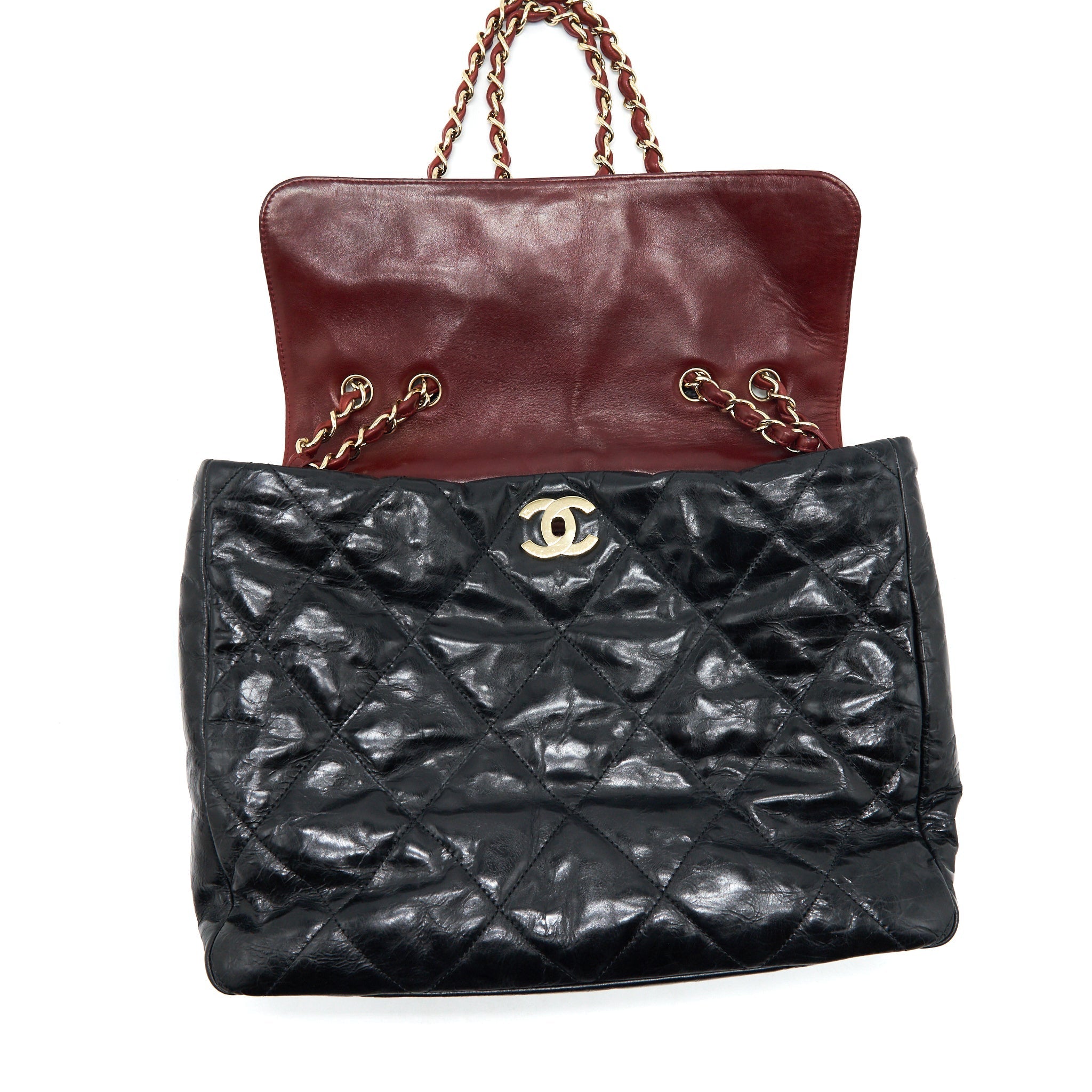 CHANEL CALFSKIN TOTE BAG WITH CHAIN BLACK AND RED GHW