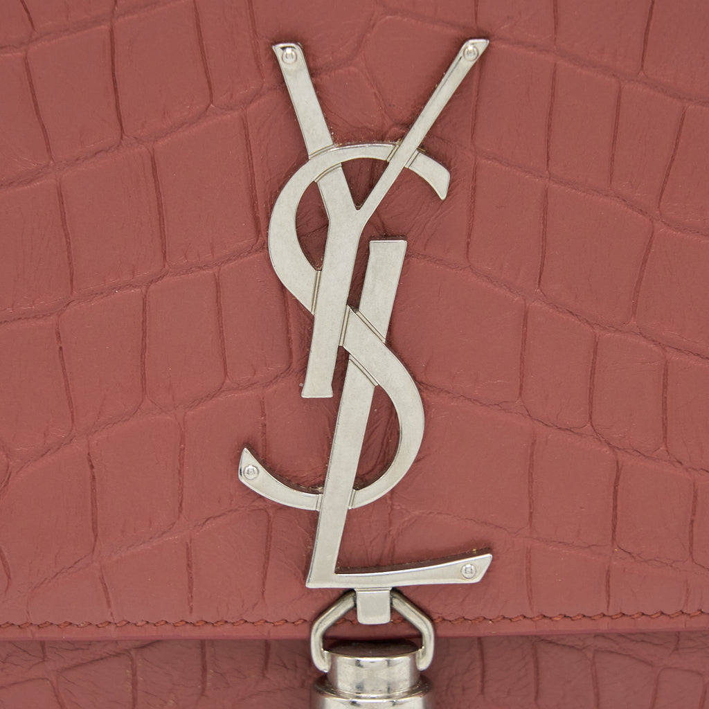 SAINT LAURENT MEDIUM KATE CROC-EMBOSSED CALFSKIN PINK SHW