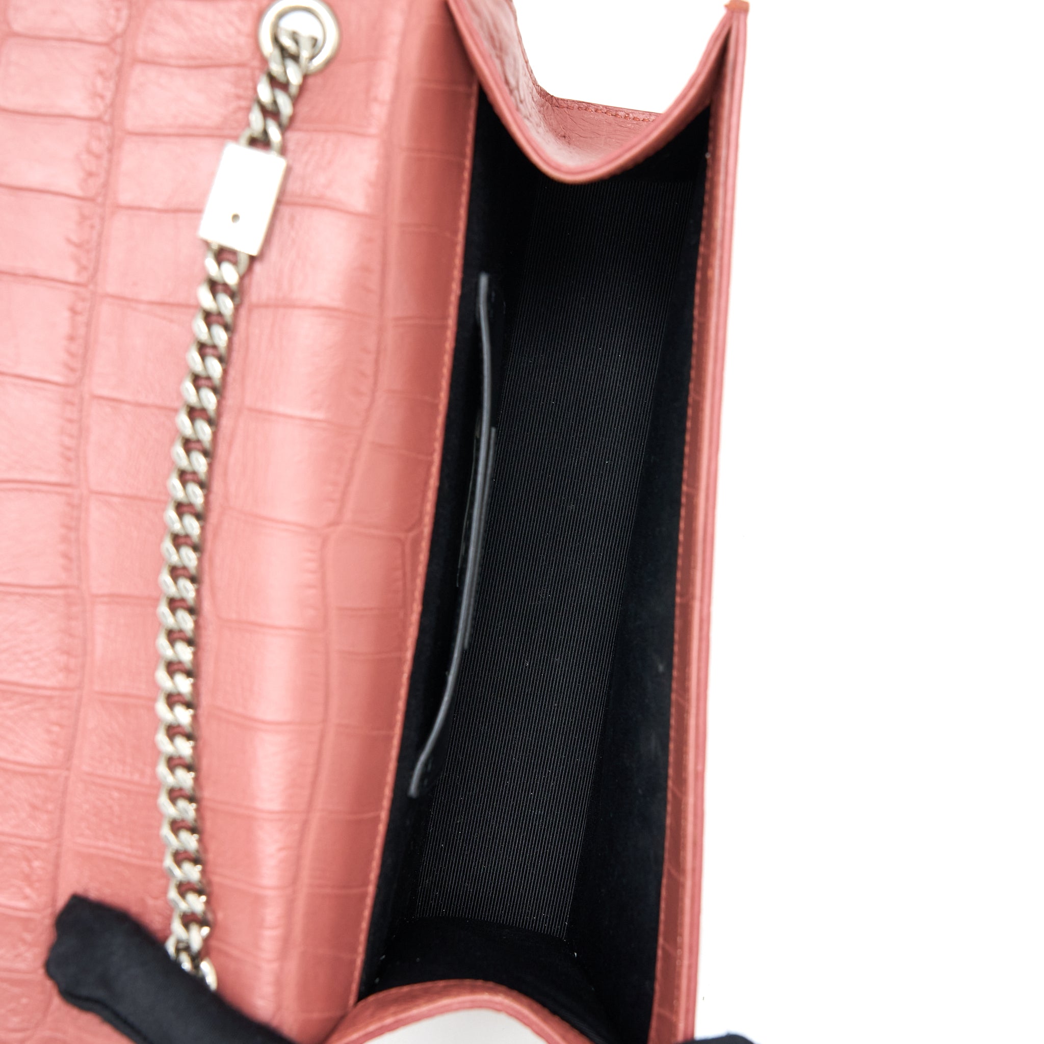 SAINT LAURENT MEDIUM KATE CROC-EMBOSSED CALFSKIN PINK SHW