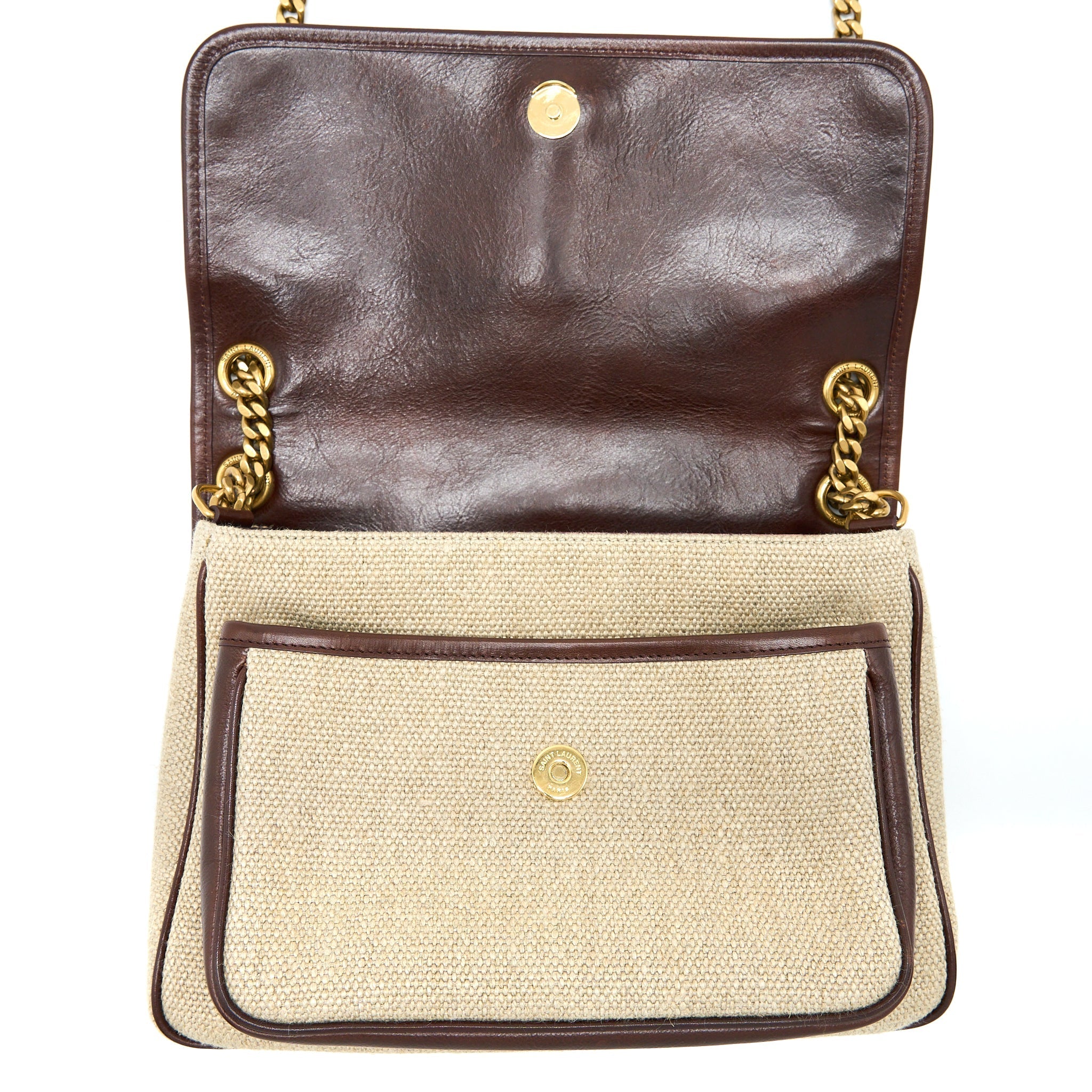 SAINT LAURENT MEDIUM NIKI BAG TRIMMED LINEN CANVAS BROWN