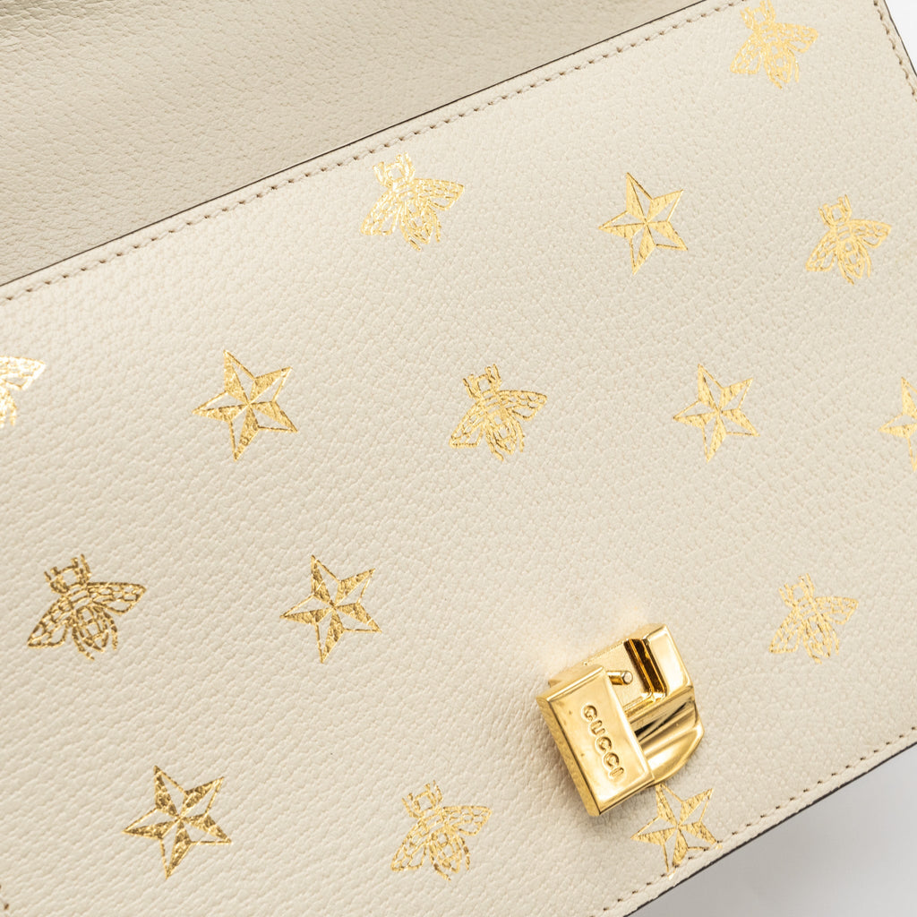 GUCCI SMALL SYLVIA BAG BEE AND STAR PRINTED CALFSKIN WHITE GHW