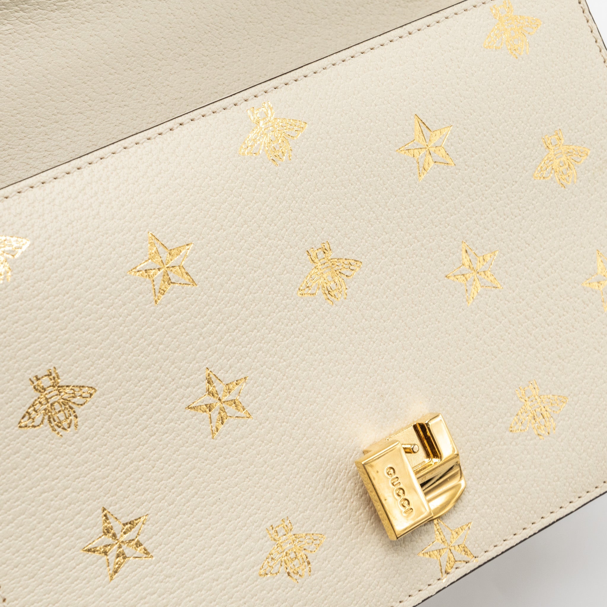 GUCCI SMALL SYLVIA BAG BEE AND STAR PRINTED CALFSKIN WHITE GHW