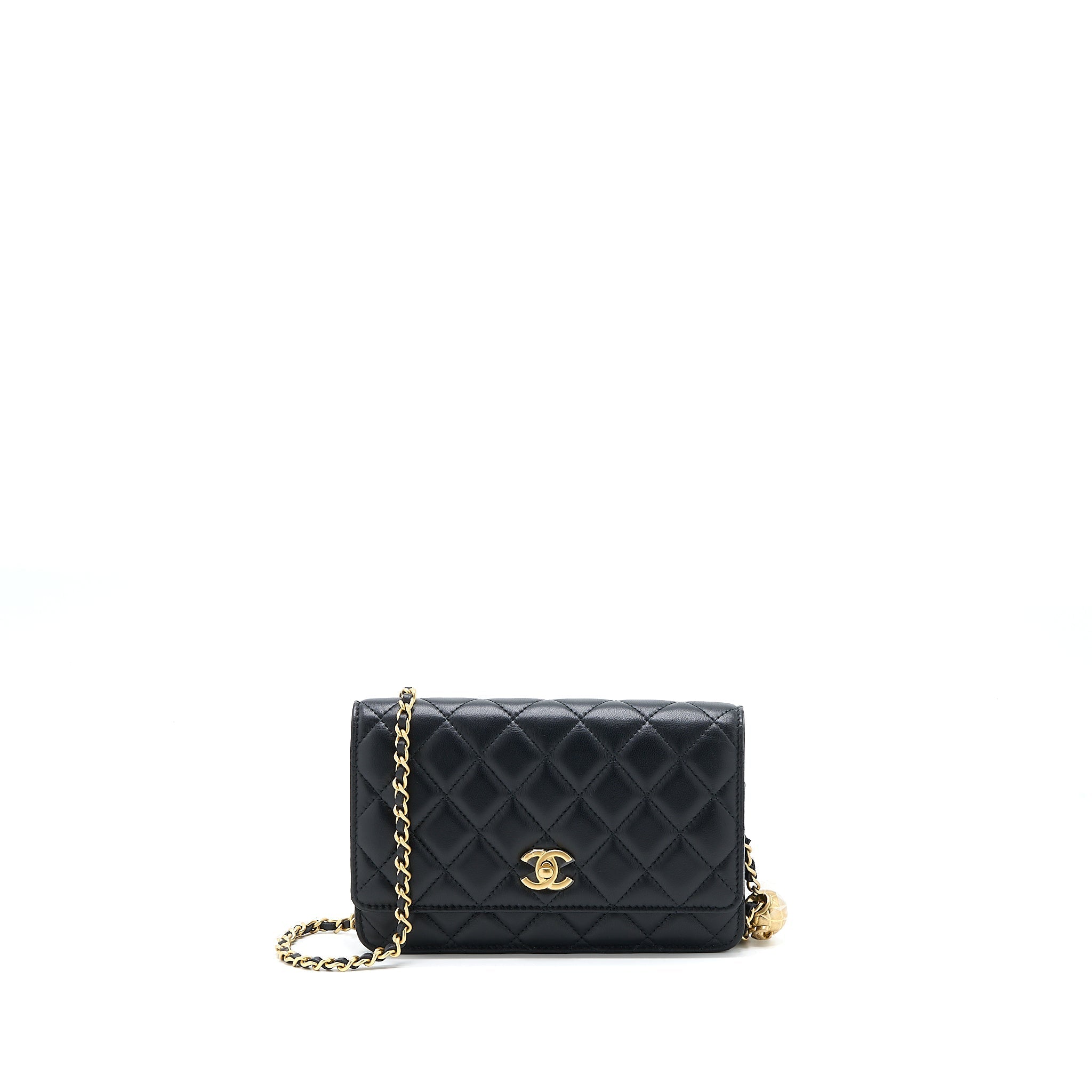 CHANEL PEARL CRUSH WALLET ON CHAIN LAMBSKIN BLACK BRUSHED GHW (MICROCHIP)