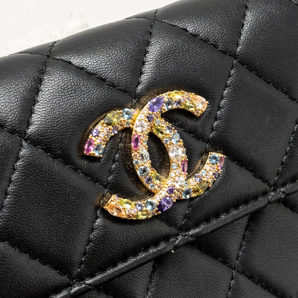CHANEL ZIRCONIUM FLAP CLUTCH/CARD HOLDER WITH CHAIN LAMBSKIN BLACK GHW