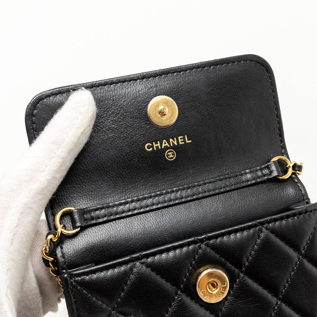 CHANEL ZIRCONIUM FLAP CLUTCH/CARD HOLDER WITH CHAIN LAMBSKIN BLACK GHW