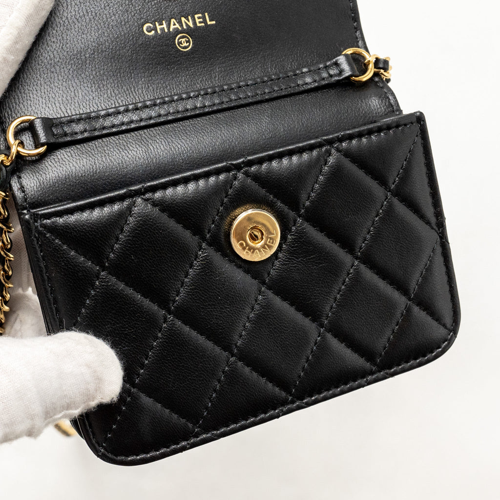 CHANEL ZIRCONIUM FLAP CLUTCH/CARD HOLDER WITH CHAIN LAMBSKIN BLACK GHW
