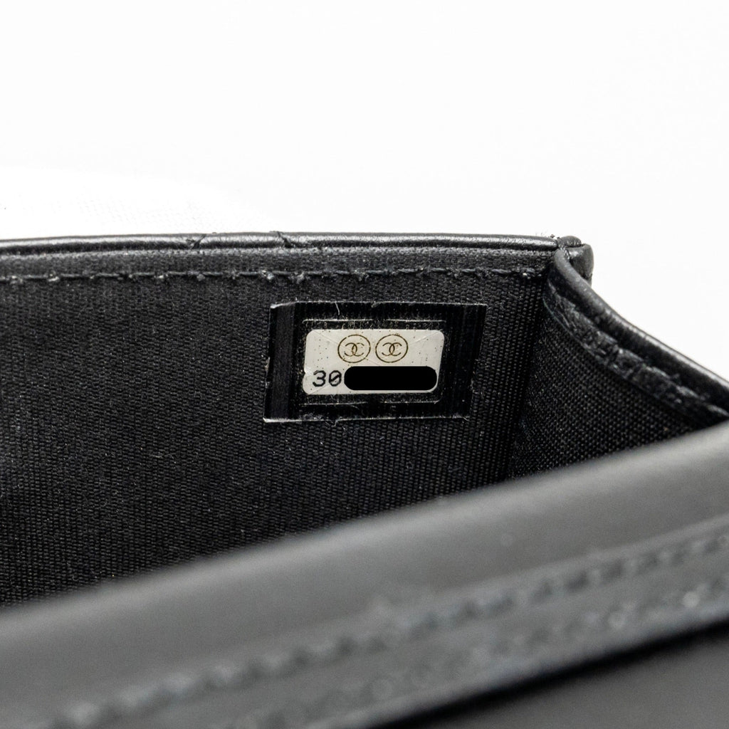 CHANEL ZIRCONIUM FLAP CLUTCH/CARD HOLDER WITH CHAIN LAMBSKIN BLACK GHW