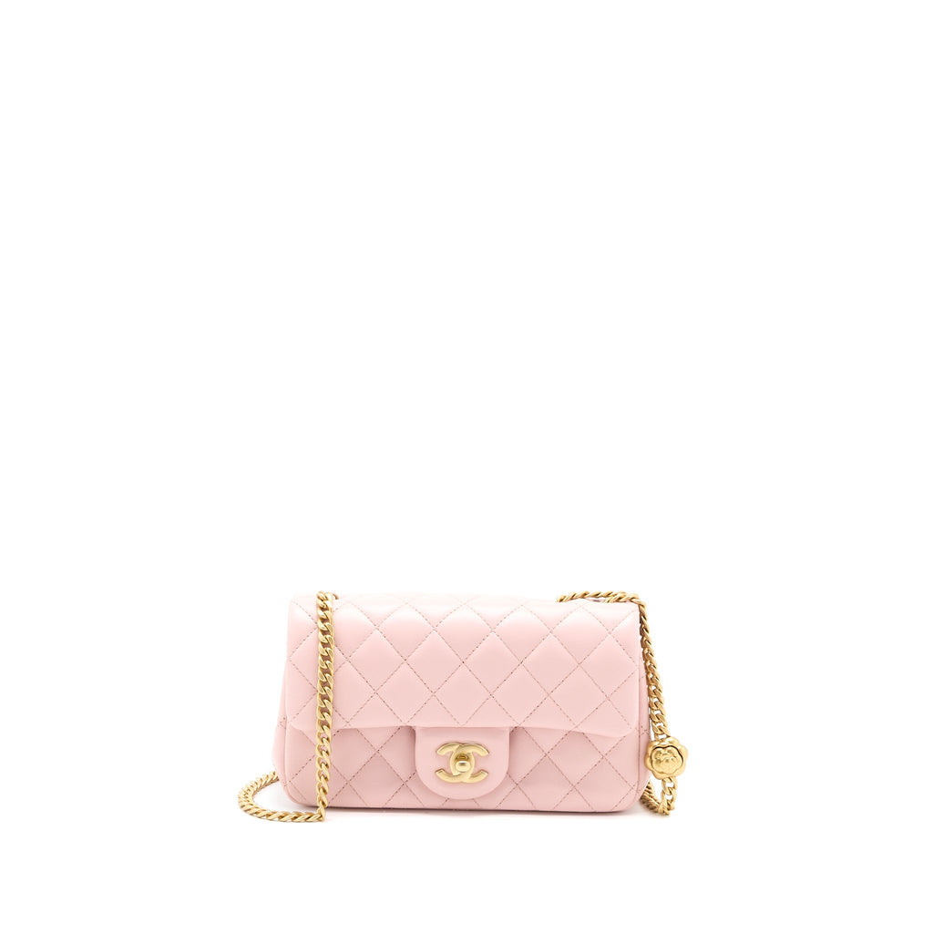 CHANEL 23S CAMELLIA CHAIN MINI RECTANGULAR FLAP BAG LAMBSKIN LIGHT PINK GHW (MICROCHIP)