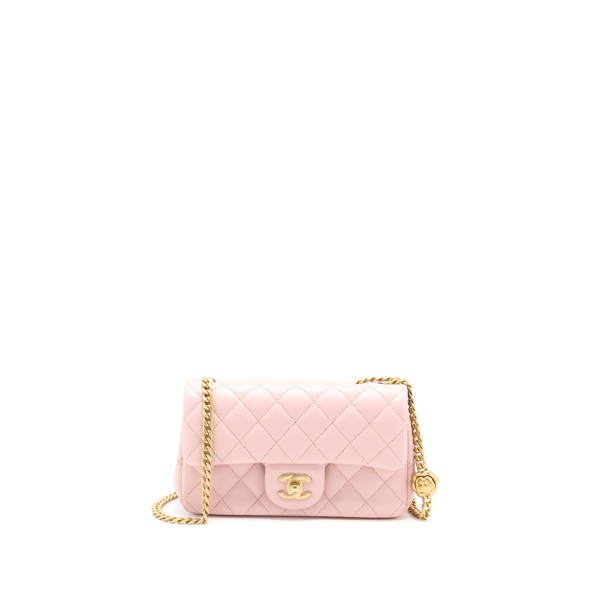 CHANEL 23S CAMELLIA CHAIN MINI RECTANGULAR FLAP BAG LAMBSKIN LIGHT PINK GHW (MICROCHIP)