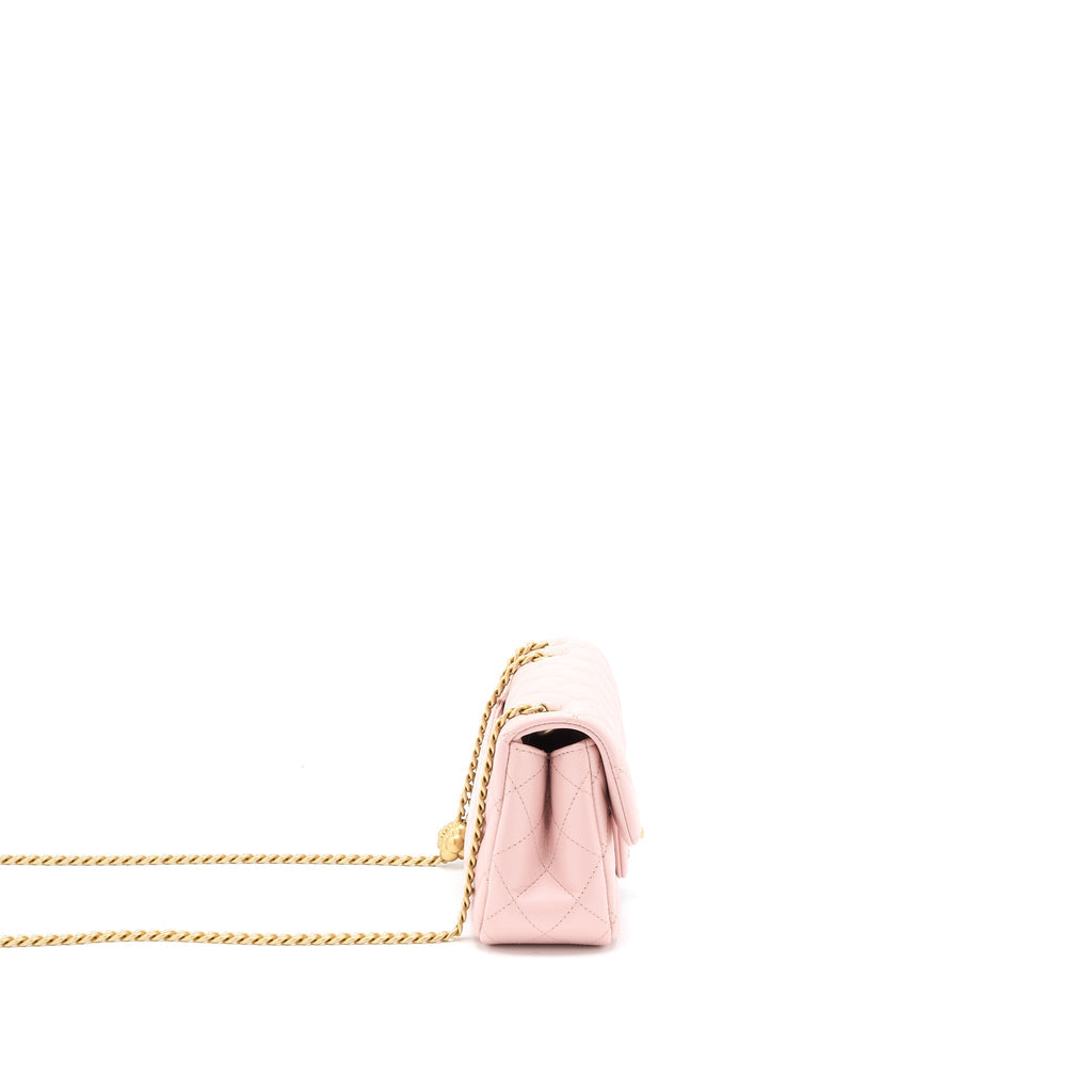 CHANEL 23S CAMELLIA CHAIN MINI RECTANGULAR FLAP BAG LAMBSKIN LIGHT PINK GHW (MICROCHIP)