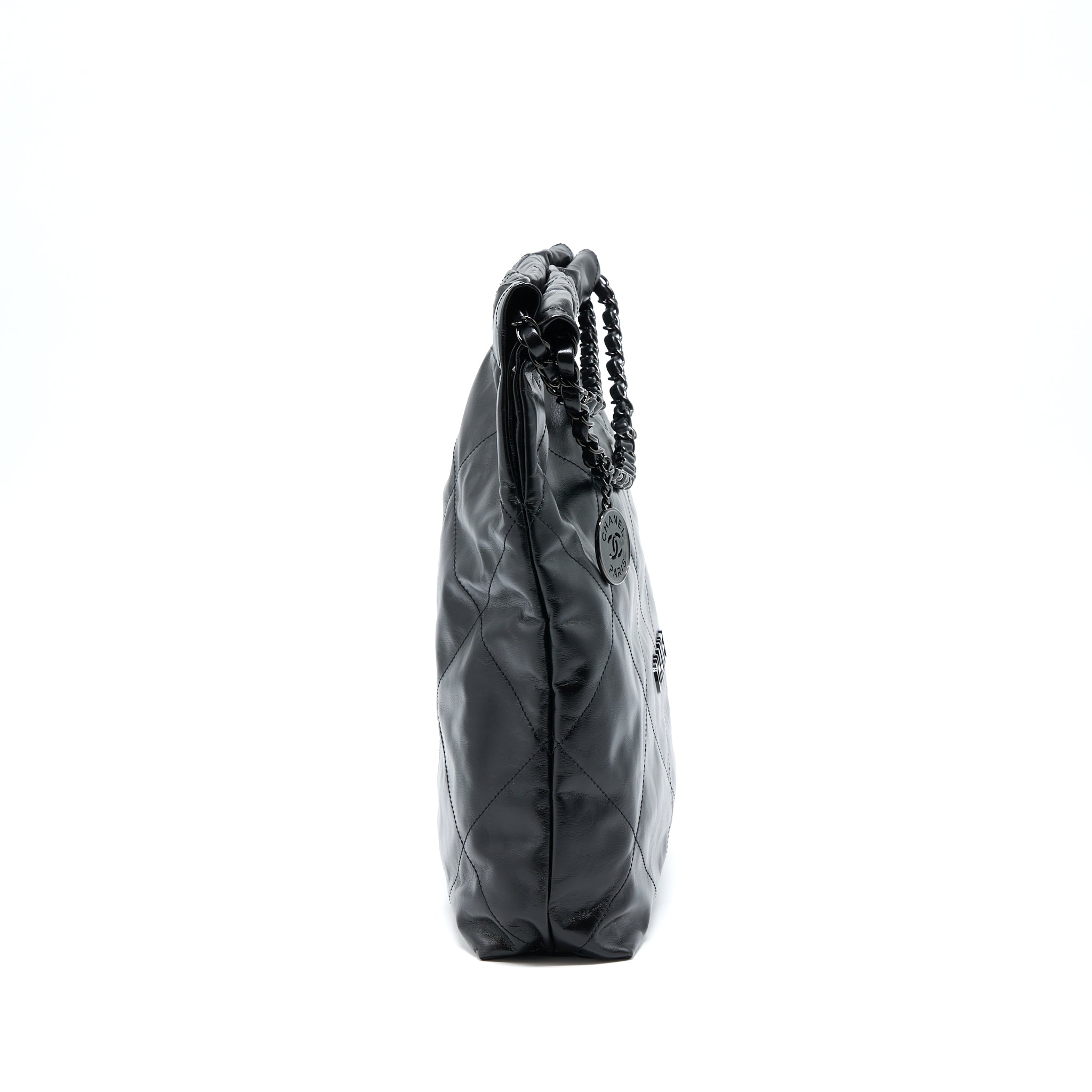 CHANEL MEDIUM 22 BAG SHINY CALFSKIN SO BLACK WITH BLACK HARDWARE (MICROCHIP)
