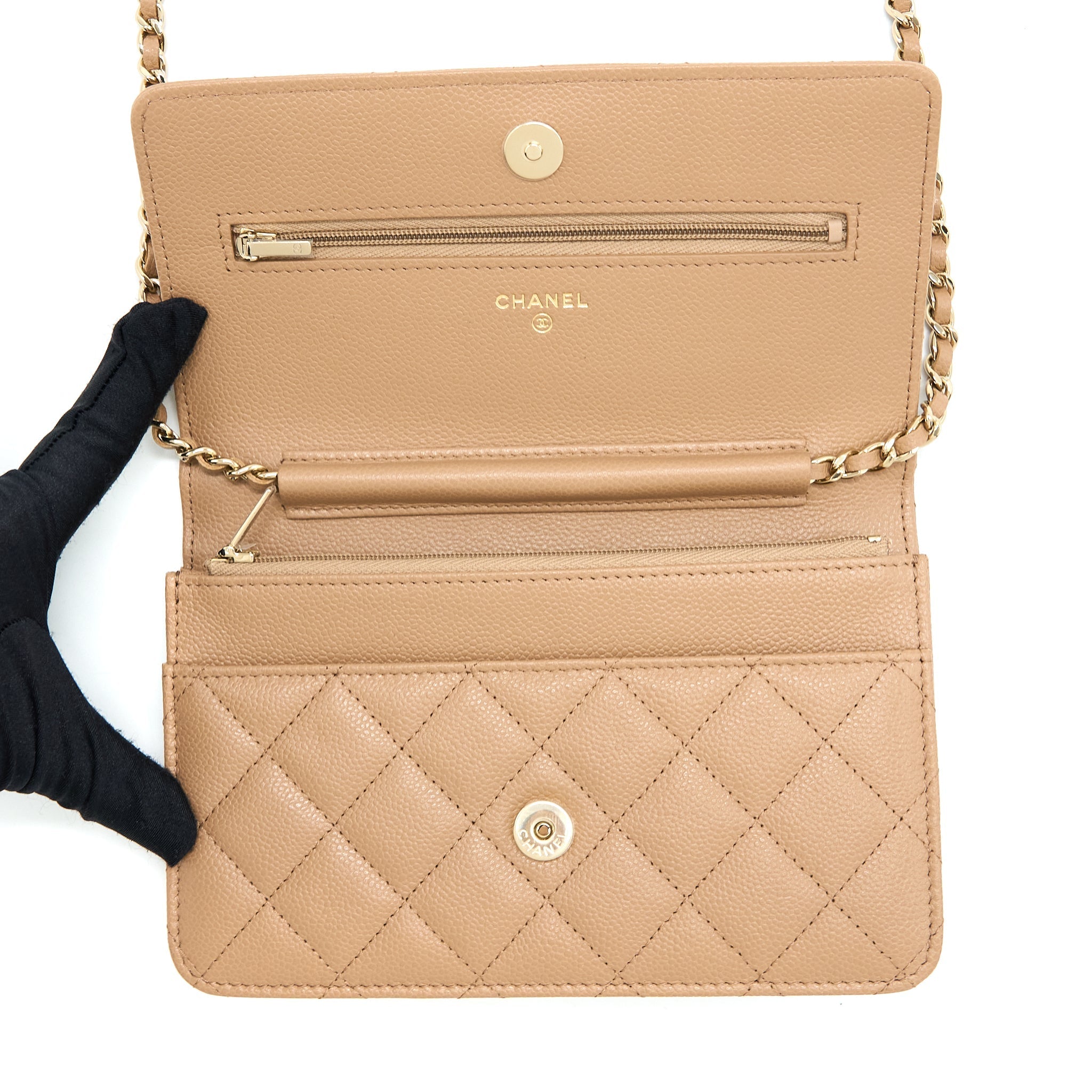 CHANEL 22K WALLET ON CHAIN CAVIAR DARK BEIGE LGHW (MICROCHIP)